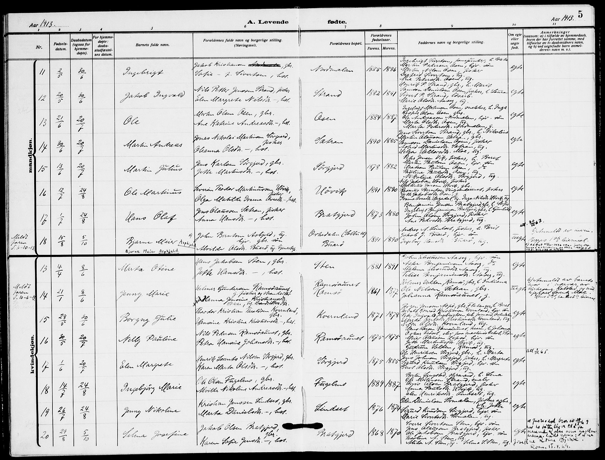 Ministerialprotokoller, klokkerbøker og fødselsregistre - Sør-Trøndelag, SAT/A-1456/658/L0724: Parish register (official) no. 658A03, 1912-1924, p. 5