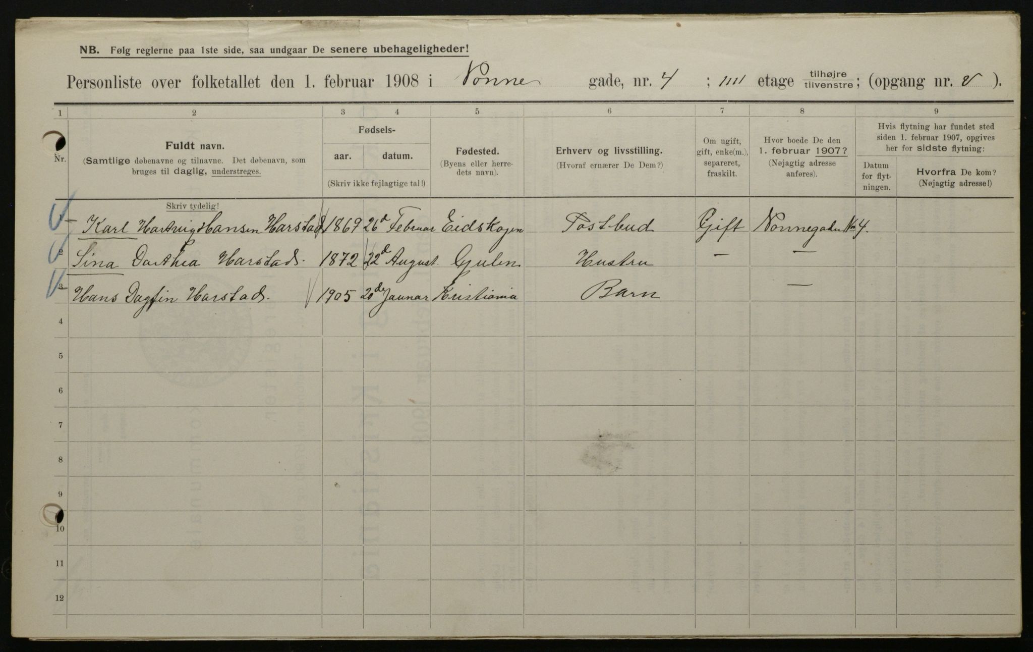 OBA, Municipal Census 1908 for Kristiania, 1908, p. 64043