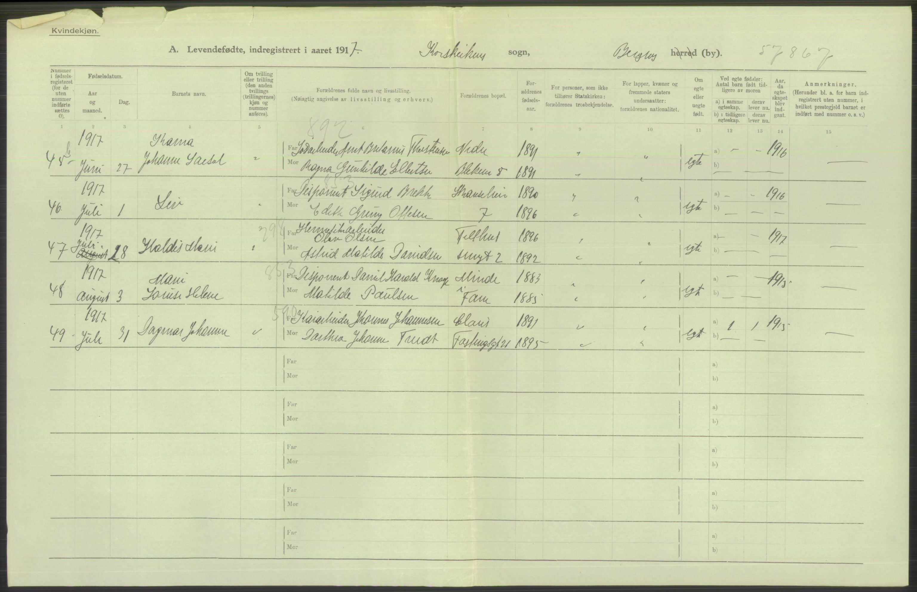 Statistisk sentralbyrå, Sosiodemografiske emner, Befolkning, AV/RA-S-2228/D/Df/Dfb/Dfbg/L0037: Bergen: Levendefødte menn og kvinner., 1917, p. 380