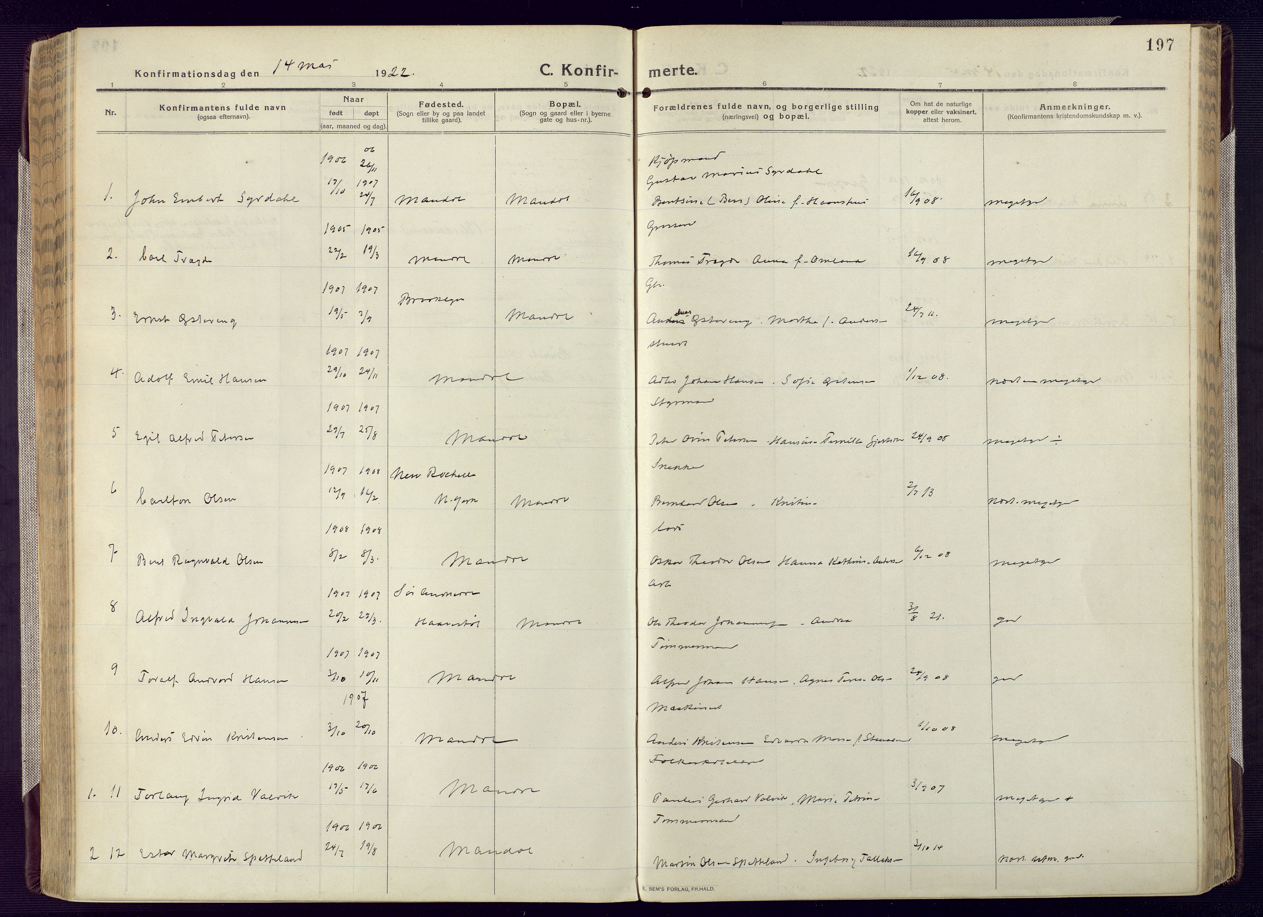 Mandal sokneprestkontor, SAK/1111-0030/F/Fa/Fac/L0001: Parish register (official) no. A 1, 1913-1925, p. 197