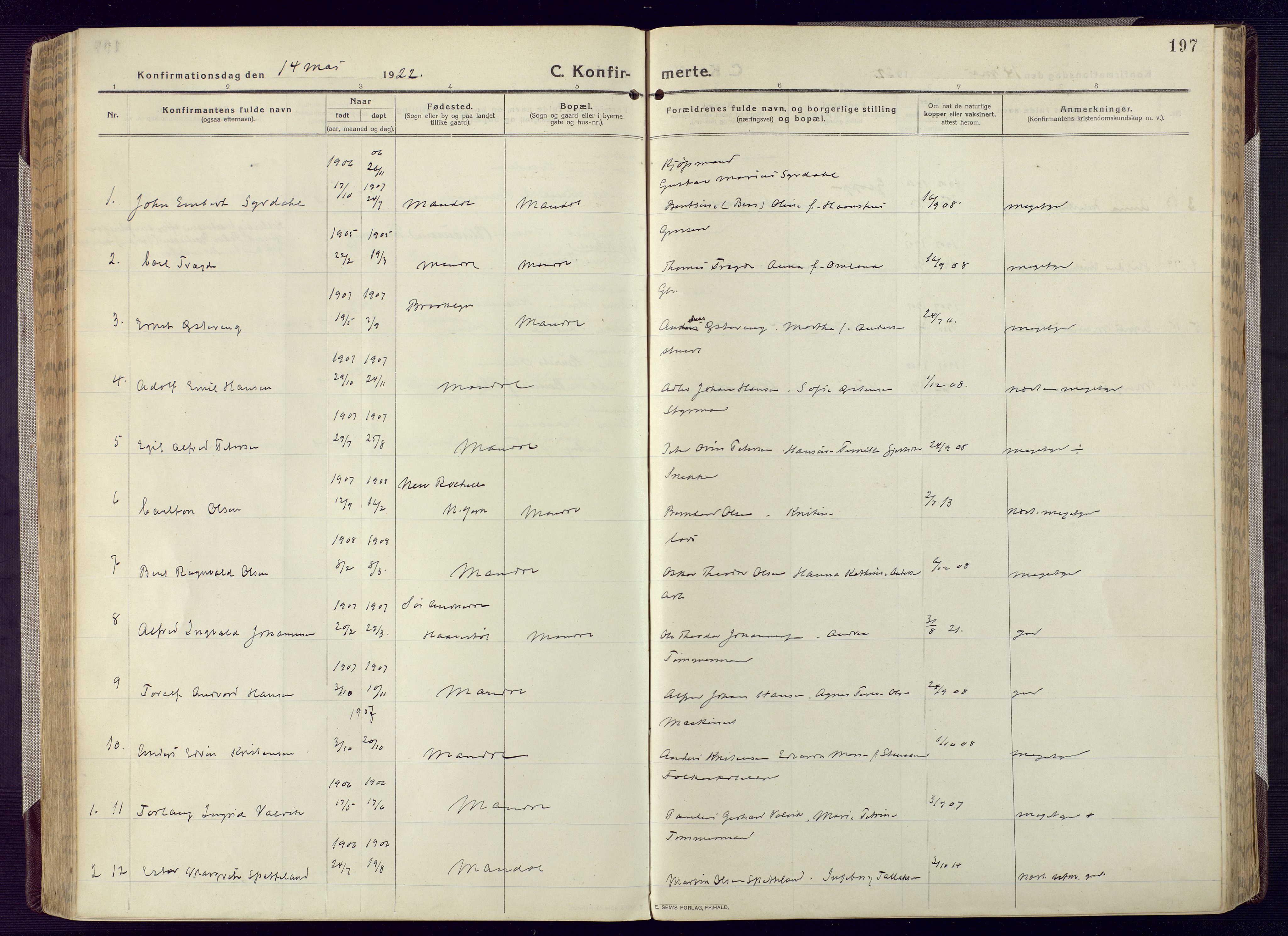 Mandal sokneprestkontor, AV/SAK-1111-0030/F/Fa/Fac/L0001: Parish register (official) no. A 1, 1913-1925, p. 197