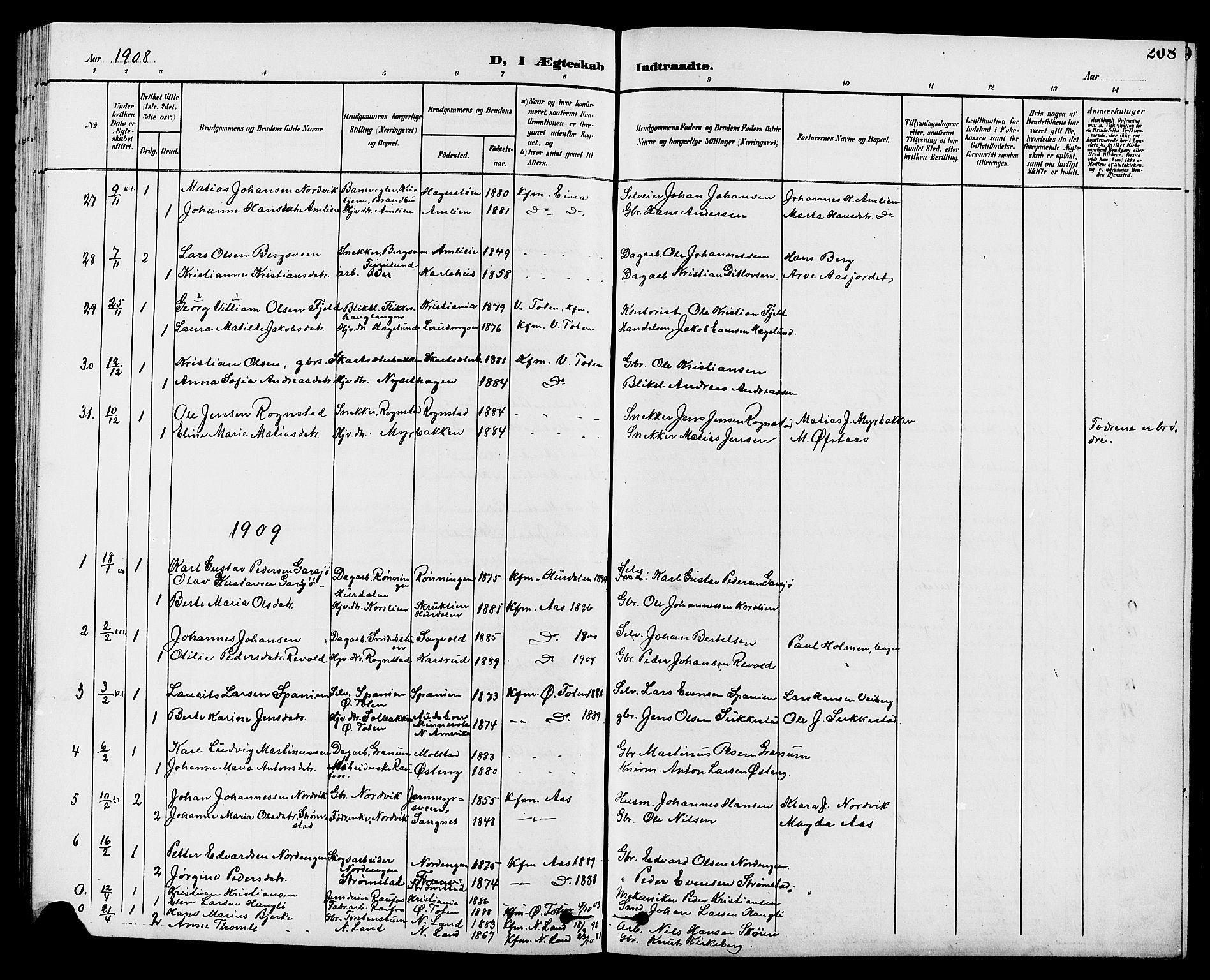 Vestre Toten prestekontor, SAH/PREST-108/H/Ha/Hab/L0010: Parish register (copy) no. 10, 1900-1912, p. 208