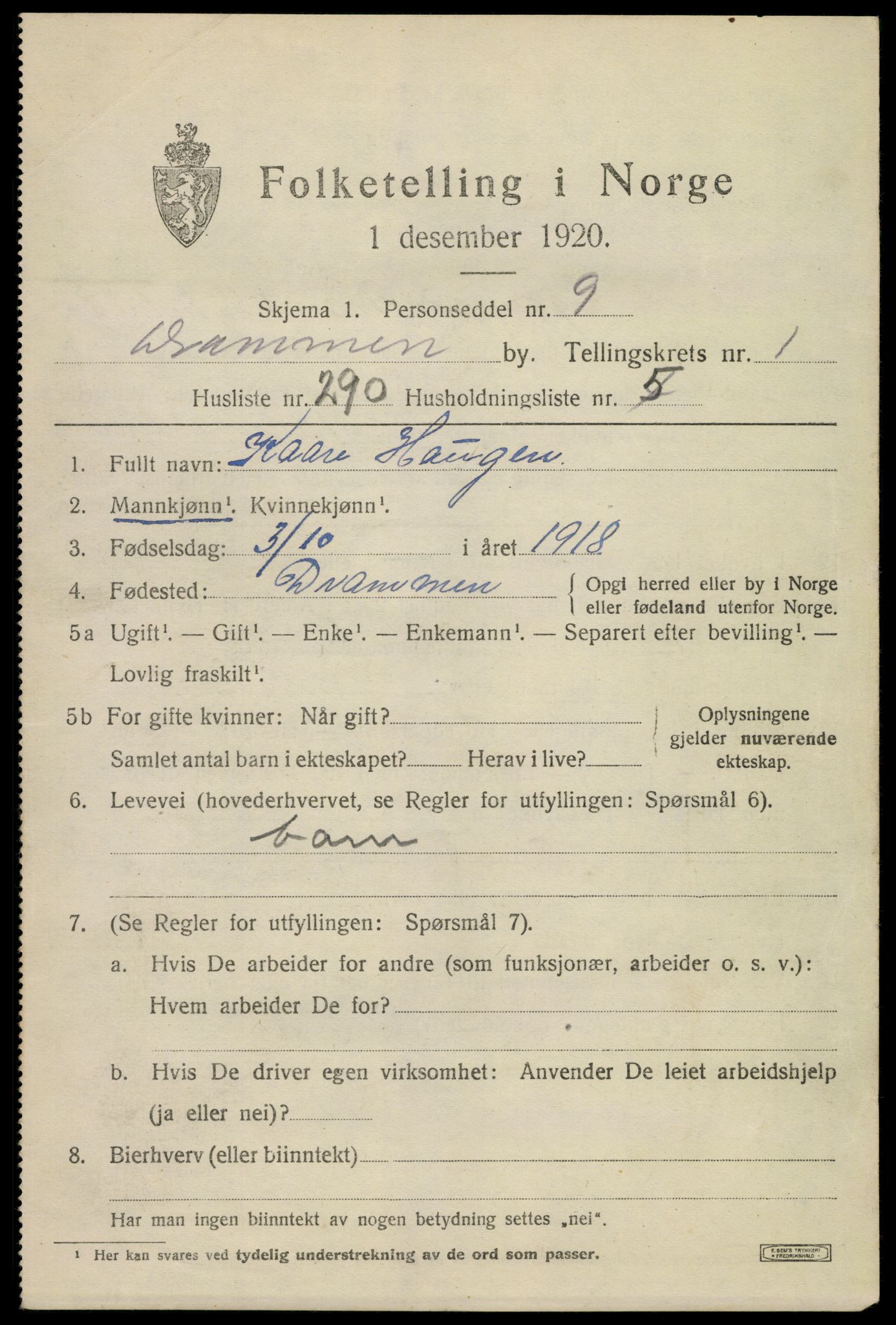 SAKO, 1920 census for Drammen, 1920, p. 24475