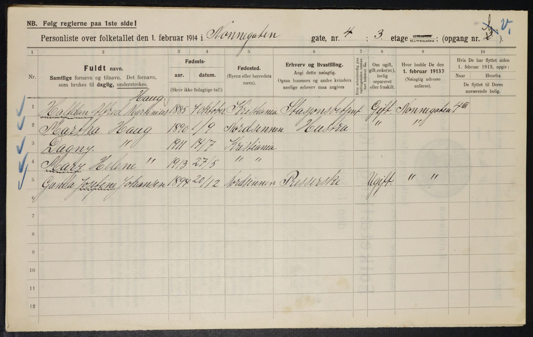 OBA, Municipal Census 1914 for Kristiania, 1914, p. 71399