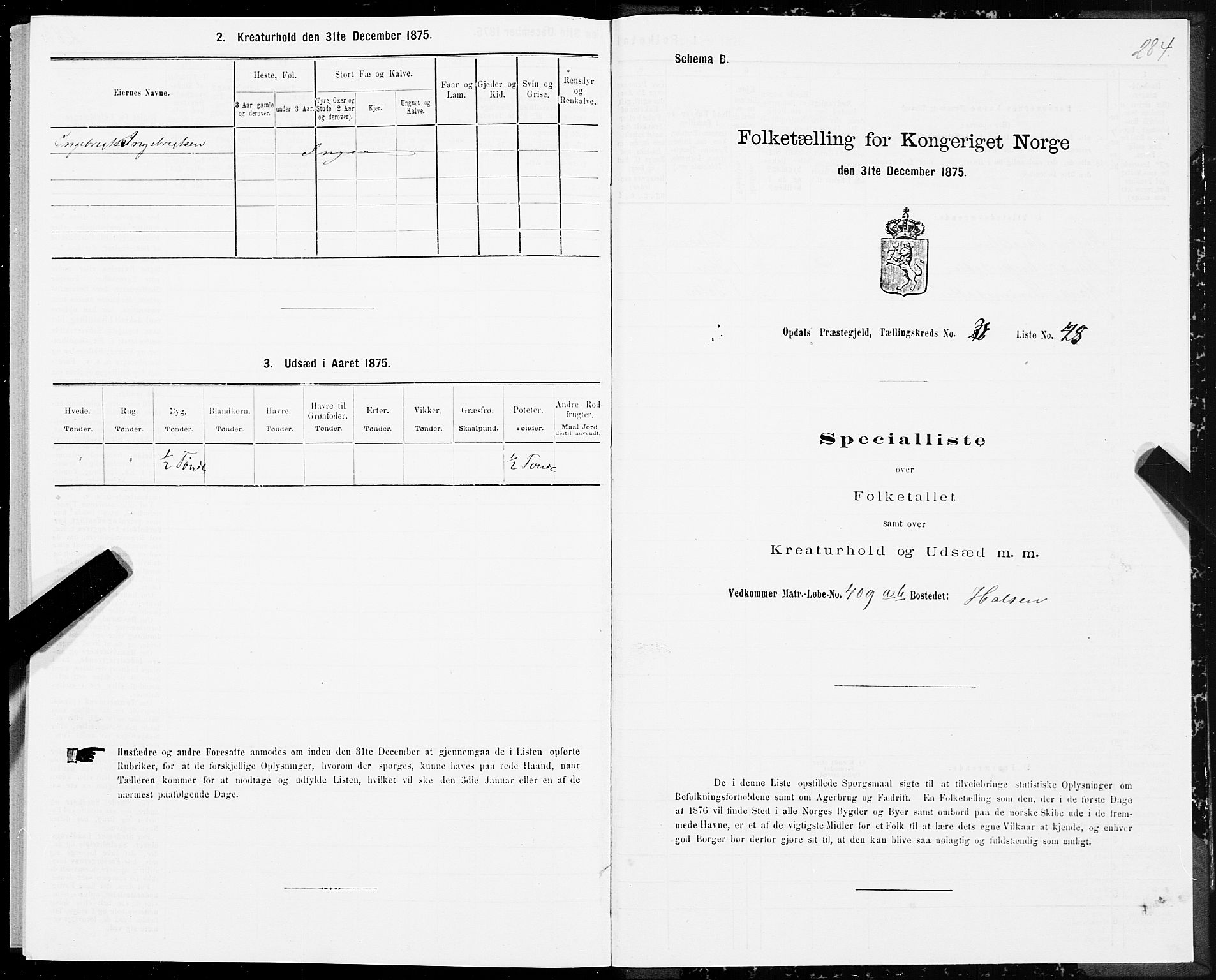 SAT, 1875 census for 1634P Oppdal, 1875, p. 2284