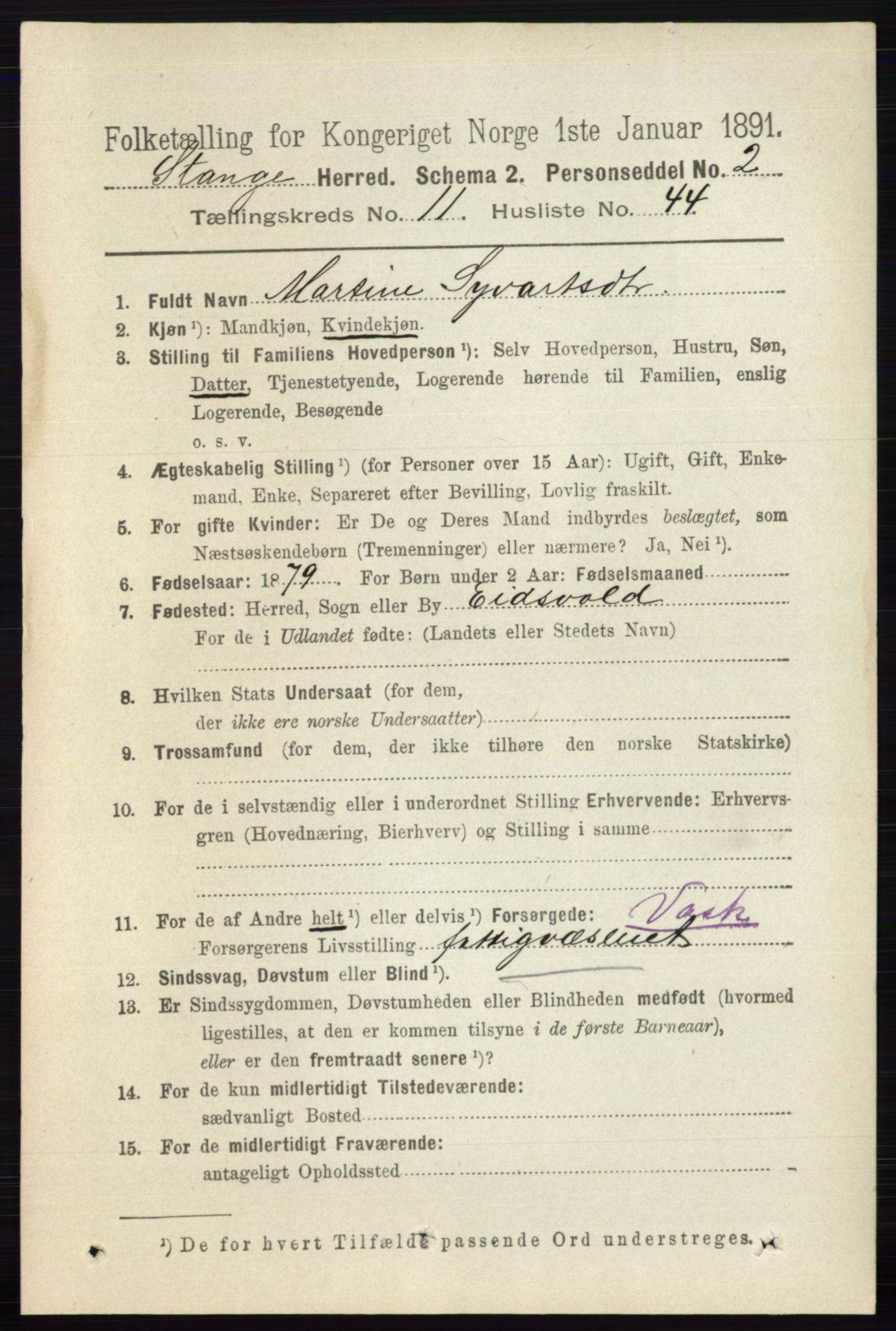 RA, 1891 census for 0417 Stange, 1891, p. 7733