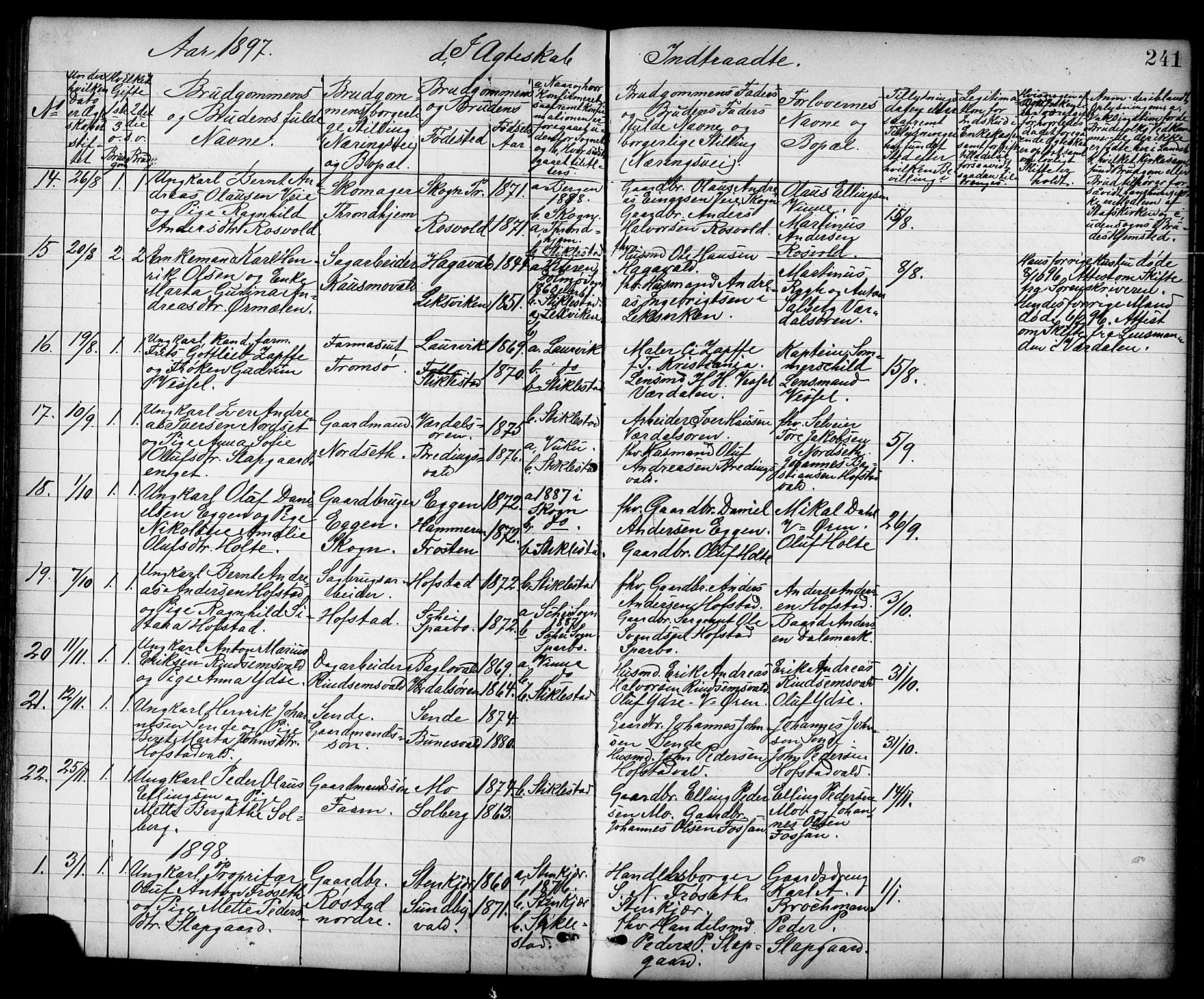 Ministerialprotokoller, klokkerbøker og fødselsregistre - Nord-Trøndelag, AV/SAT-A-1458/723/L0257: Parish register (copy) no. 723C05, 1890-1907, p. 241