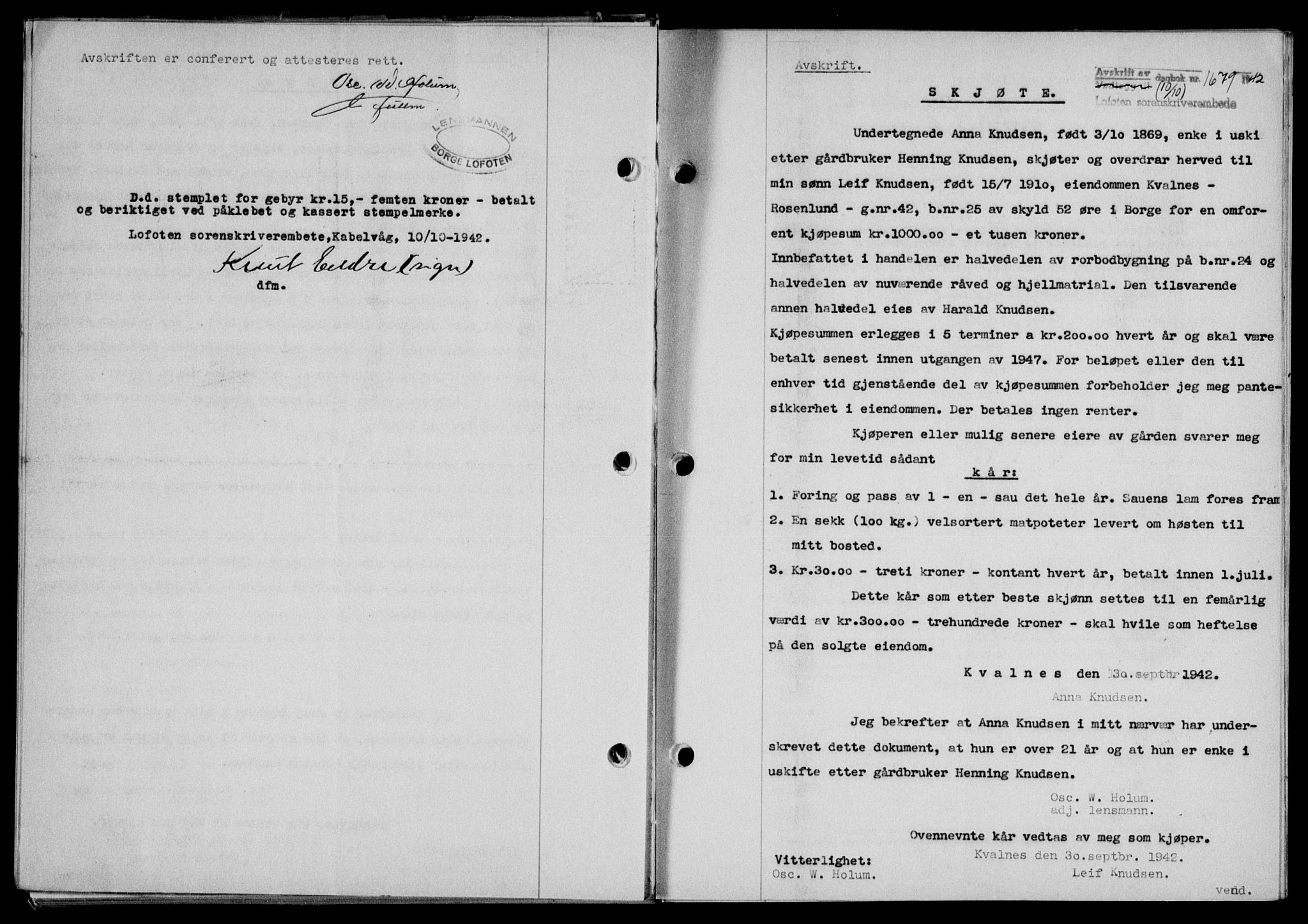 Lofoten sorenskriveri, SAT/A-0017/1/2/2C/L0010a: Mortgage book no. 10a, 1942-1943, Diary no: : 1679/1942