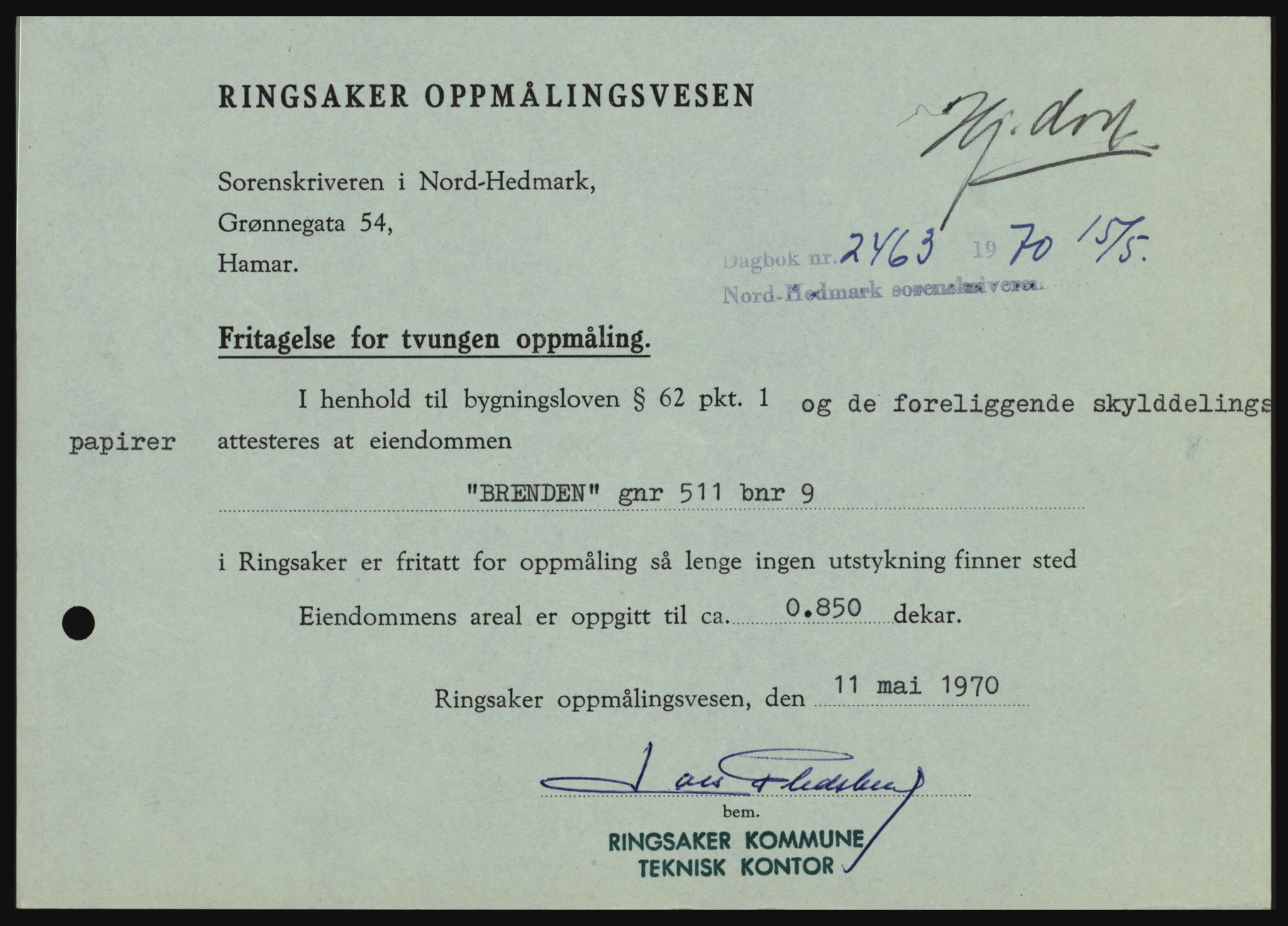 Nord-Hedmark sorenskriveri, SAH/TING-012/H/Hc/L0033: Mortgage book no. 33, 1970-1970, Diary no: : 2463/1970