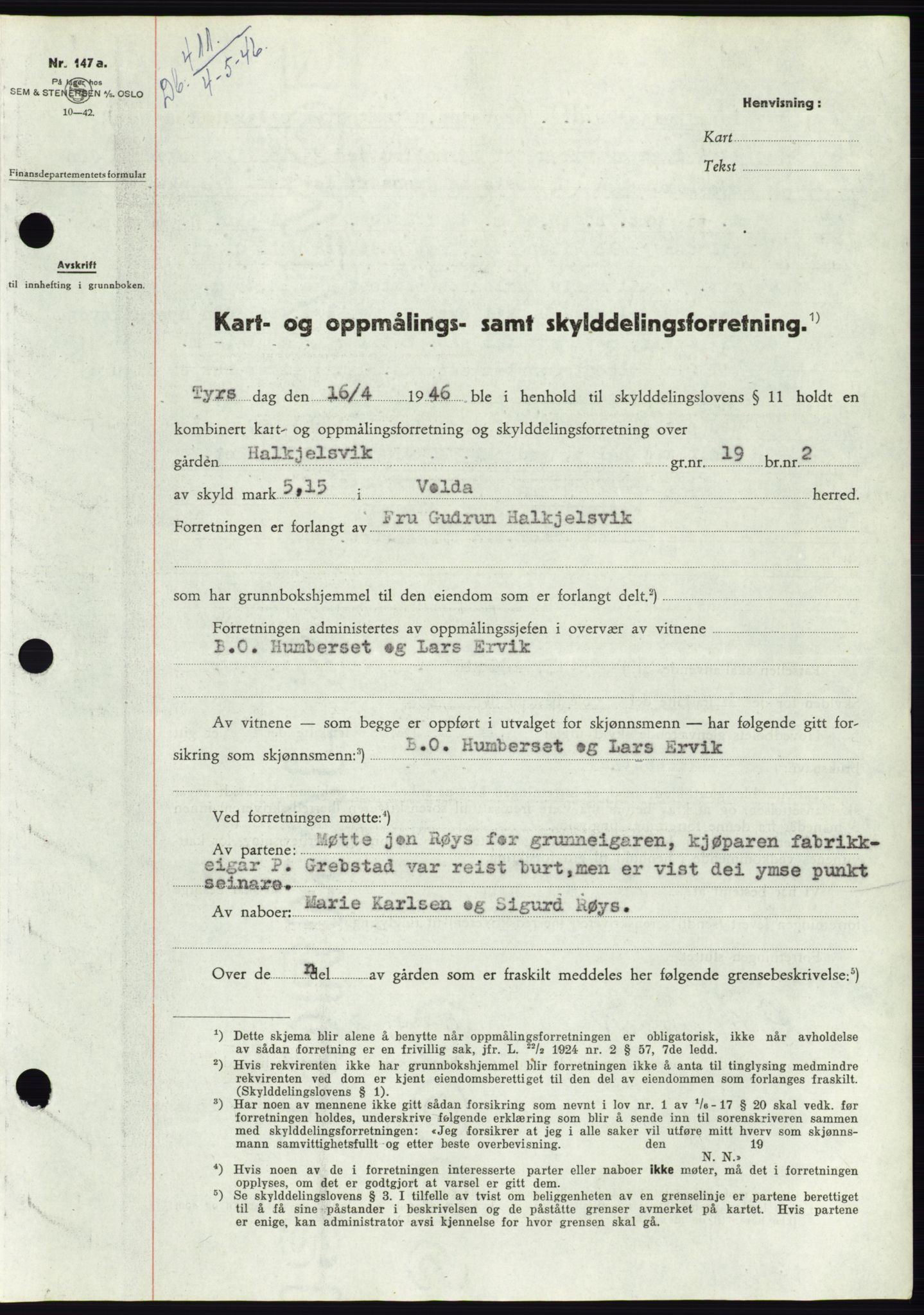 Søre Sunnmøre sorenskriveri, AV/SAT-A-4122/1/2/2C/L0078: Mortgage book no. 4A, 1946-1946, Diary no: : 411/1946