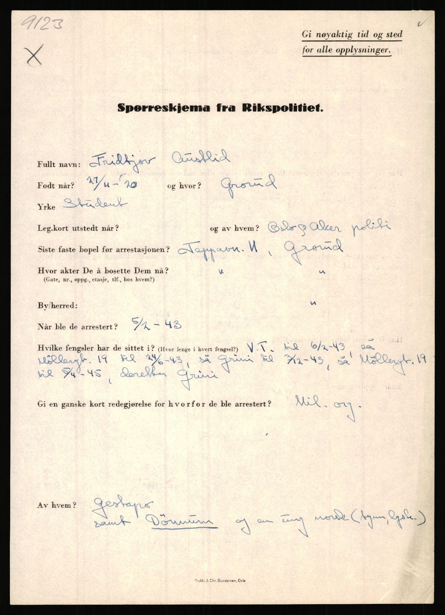 Rikspolitisjefen, AV/RA-S-1560/L/L0001: Abelseth, Rudolf - Berentsen, Odd, 1940-1945, p. 1045