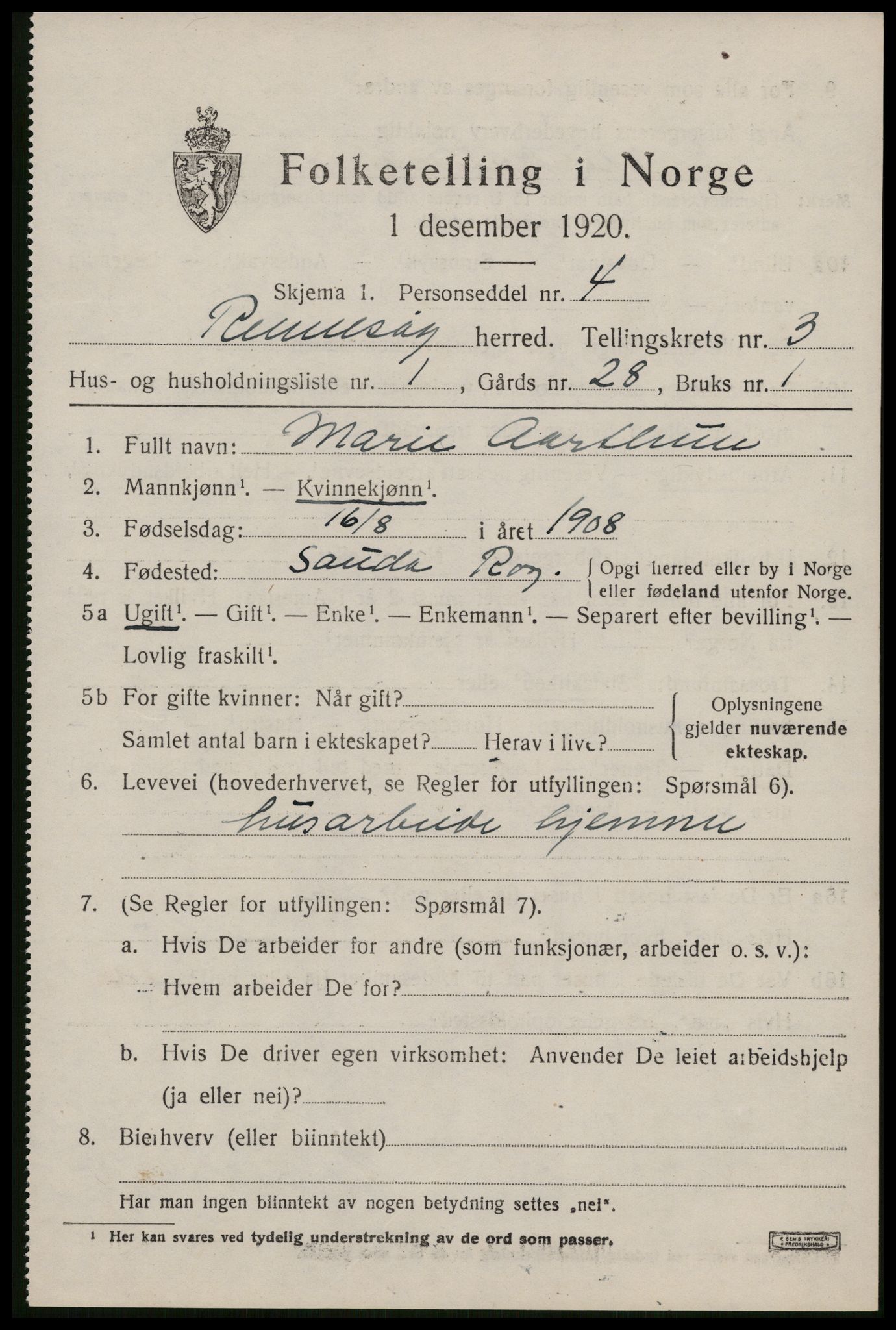 SAST, 1920 census for Rennesøy, 1920, p. 1942