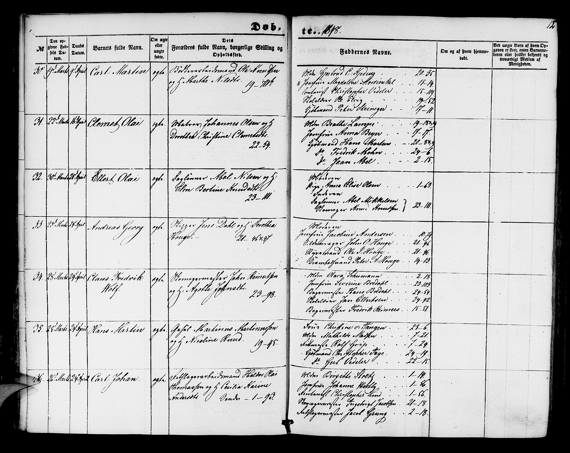 Korskirken sokneprestembete, SAB/A-76101/H/Hab: Parish register (copy) no. B 2, 1847-1853, p. 12