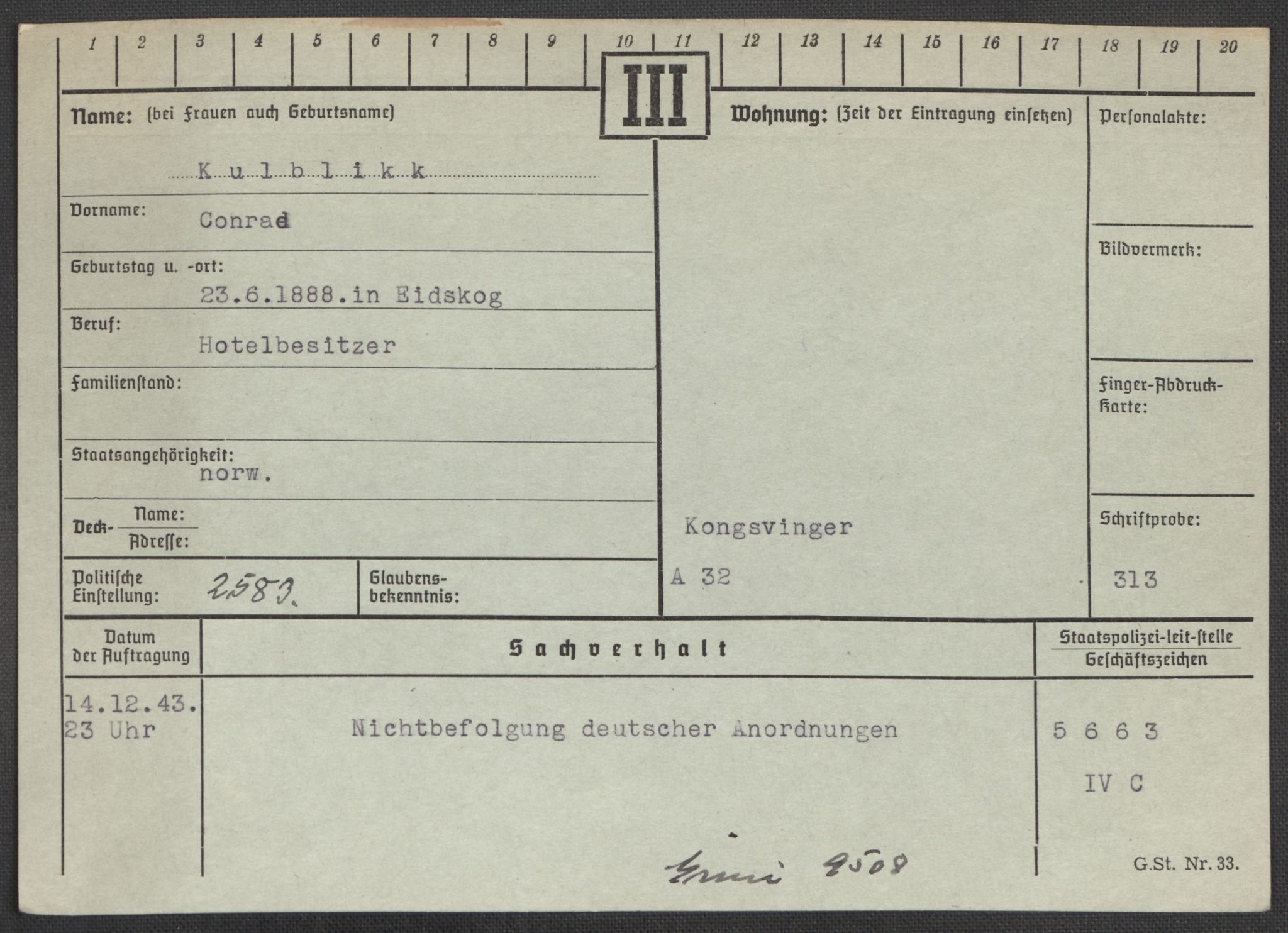 Befehlshaber der Sicherheitspolizei und des SD, RA/RAFA-5969/E/Ea/Eaa/L0006: Register over norske fanger i Møllergata 19: Kj-Lund, 1940-1945, p. 524