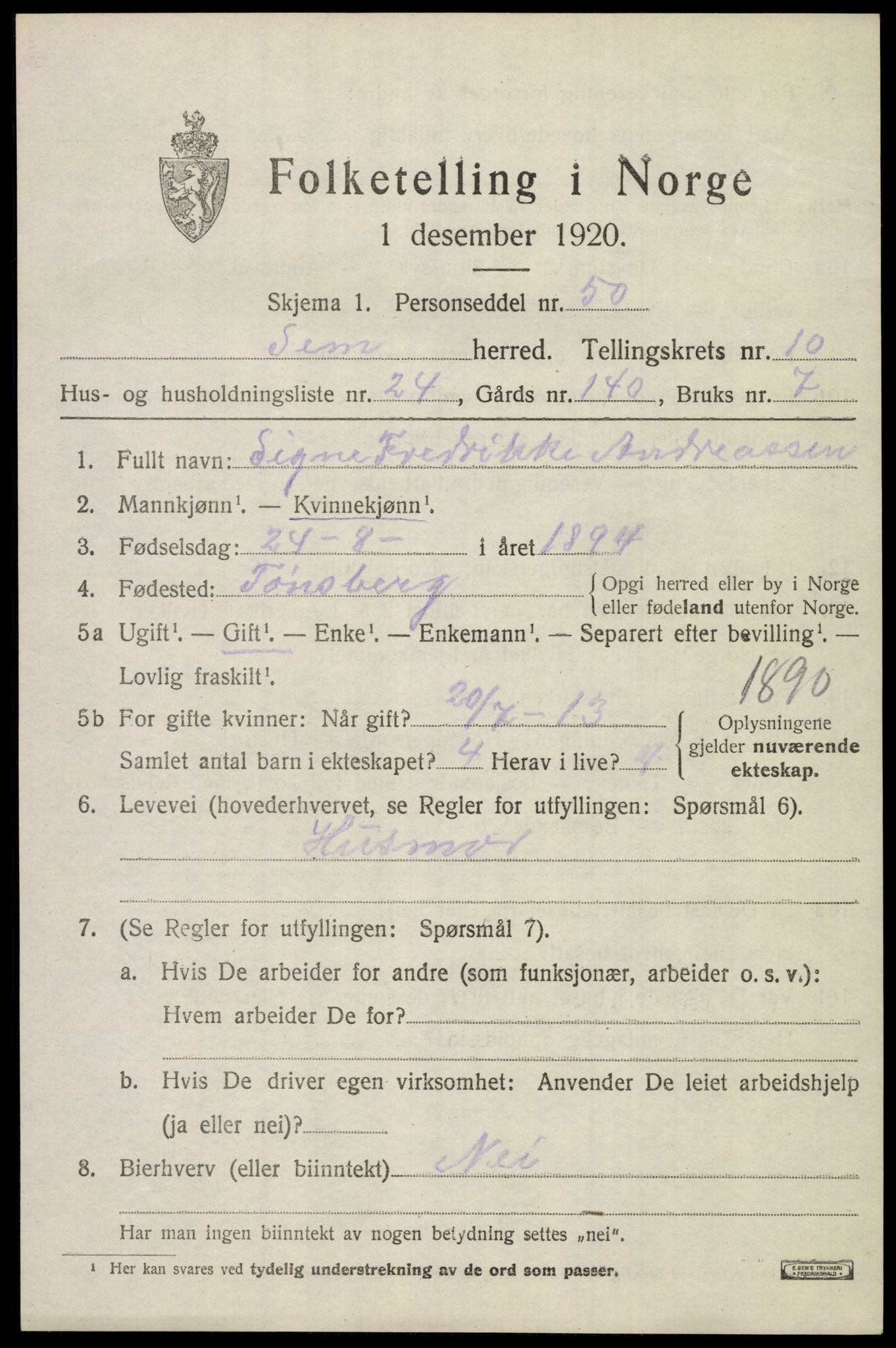 SAKO, 1920 census for Sem, 1920, p. 13789