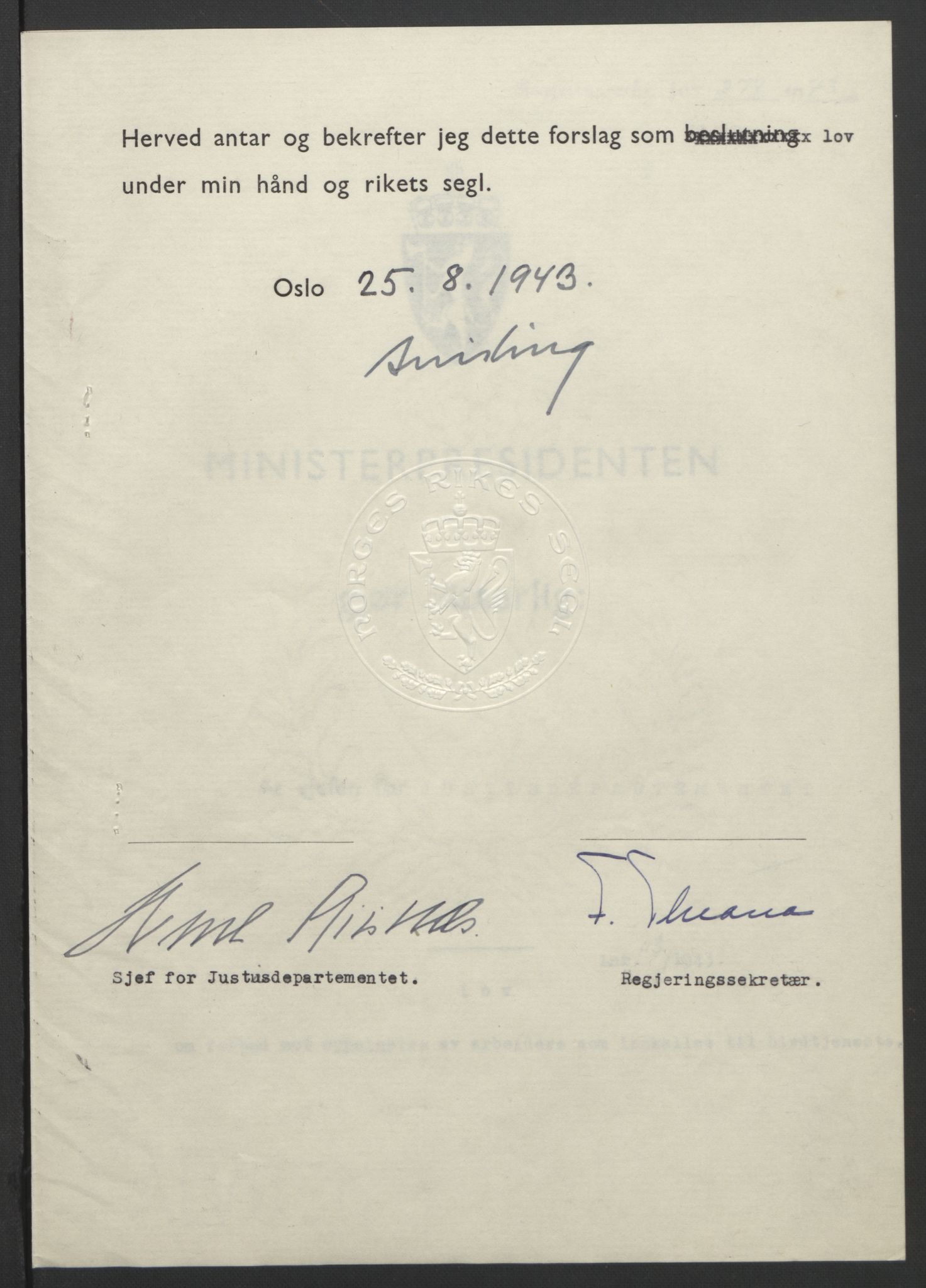 NS-administrasjonen 1940-1945 (Statsrådsekretariatet, de kommisariske statsråder mm), AV/RA-S-4279/D/Db/L0099: Lover, 1943, p. 531