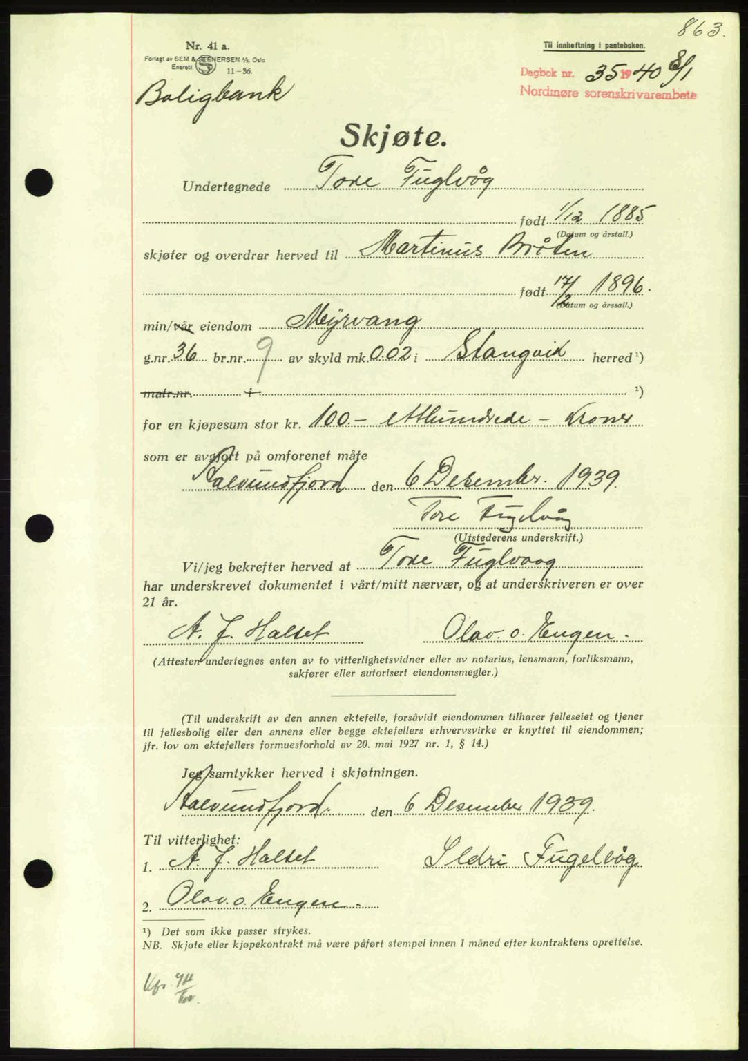 Nordmøre sorenskriveri, AV/SAT-A-4132/1/2/2Ca: Mortgage book no. A87, 1939-1940, Diary no: : 35/1940