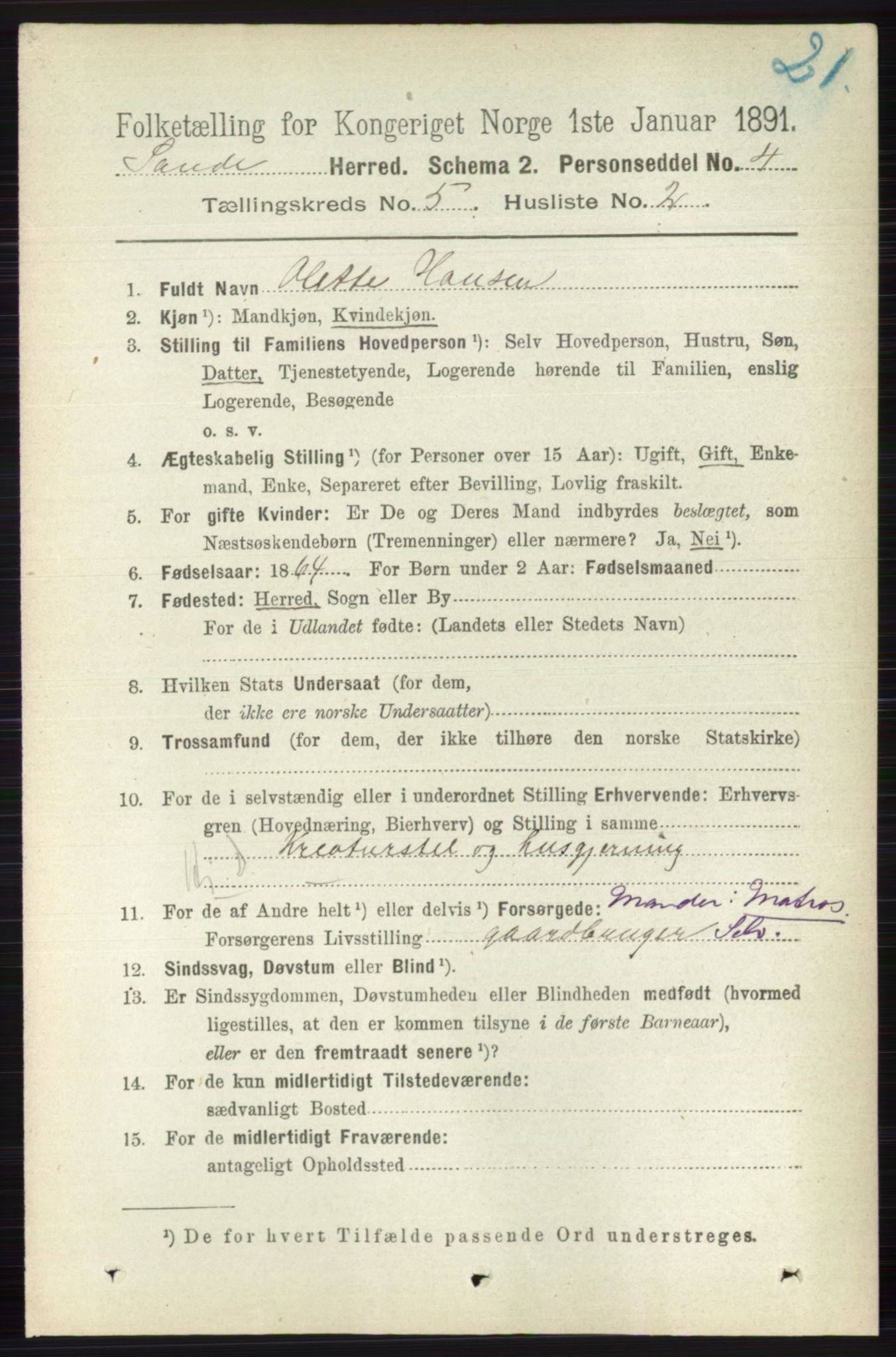 RA, 1891 census for 0713 Sande, 1891, p. 2144