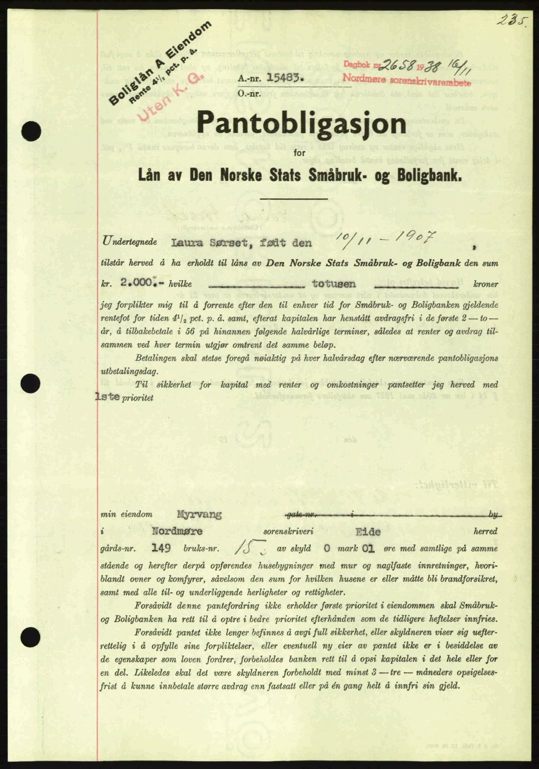 Nordmøre sorenskriveri, SAT/A-4132/1/2/2Ca: Mortgage book no. B84, 1938-1939, Diary no: : 2658/1938