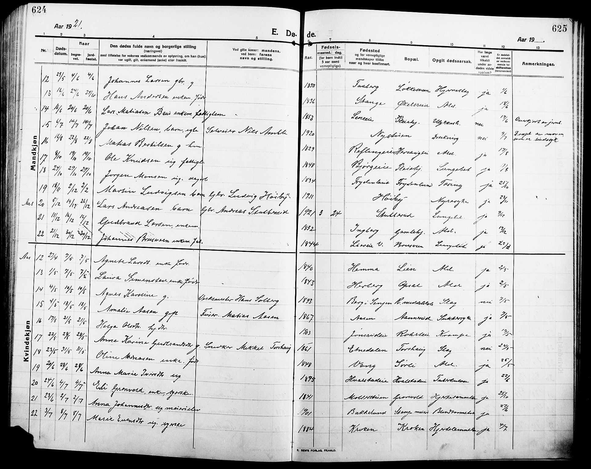 Ringsaker prestekontor, AV/SAH-PREST-014/L/La/L0018: Parish register (copy) no. 18, 1913-1922, p. 624-625