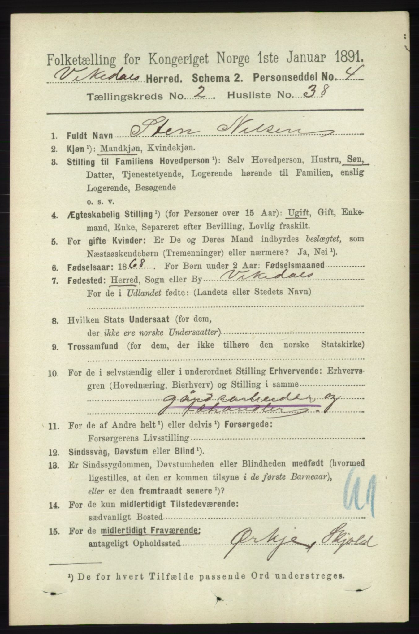 RA, 1891 census for 1157 Vikedal, 1891, p. 441