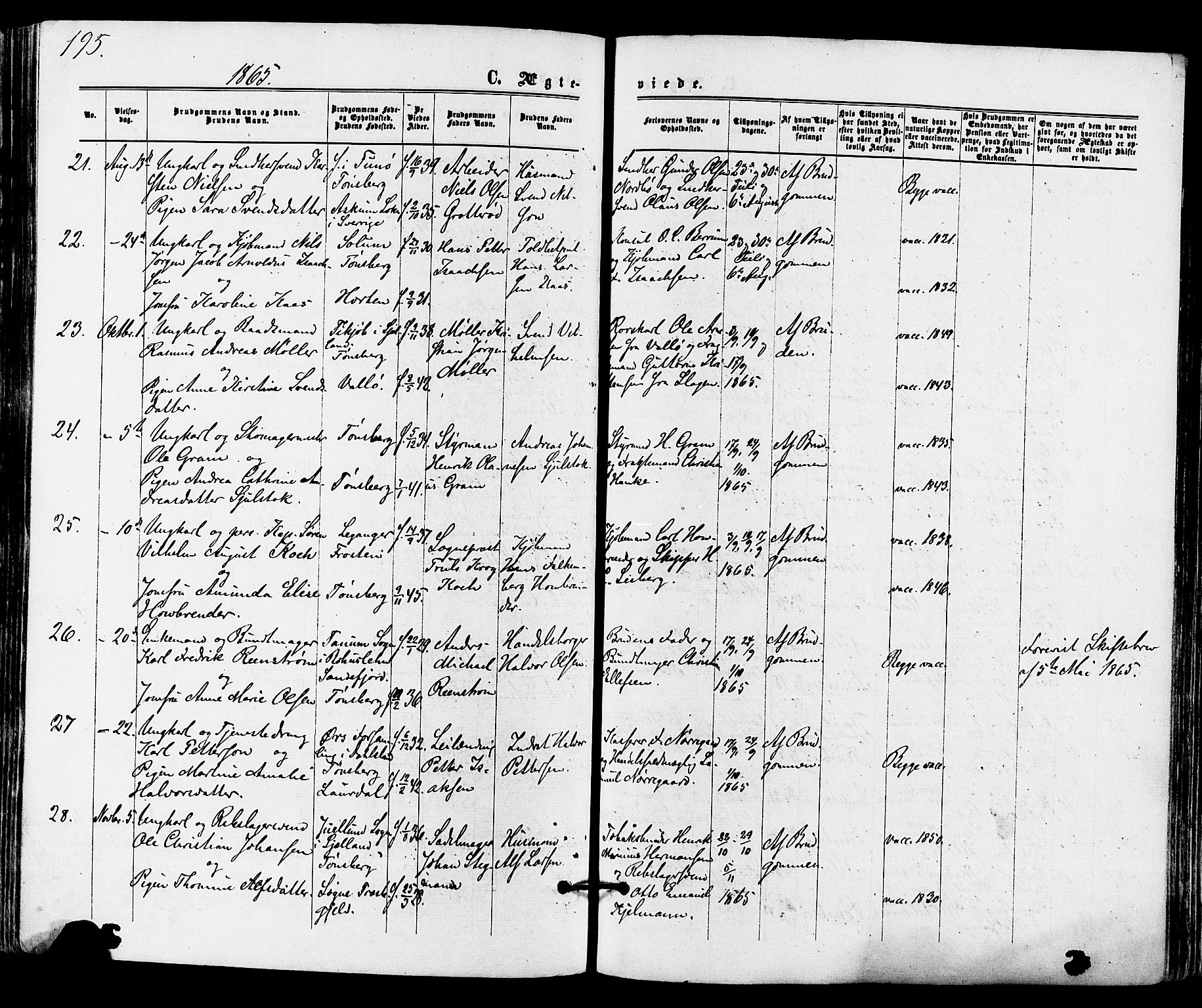 Tønsberg kirkebøker, AV/SAKO-A-330/F/Fa/L0009: Parish register (official) no. I 9, 1865-1873, p. 195