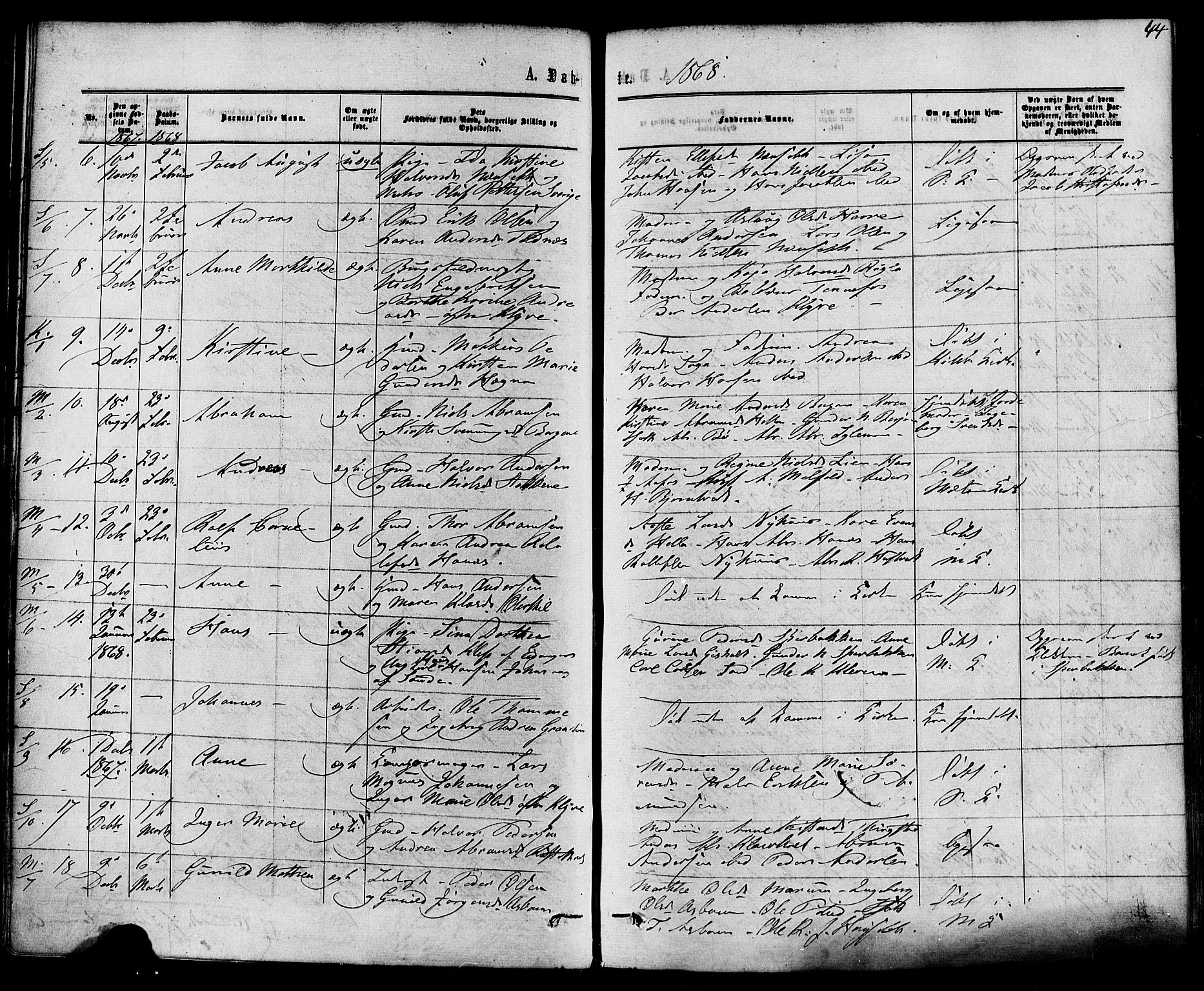 Solum kirkebøker, AV/SAKO-A-306/F/Fa/L0008: Parish register (official) no. I 8, 1865-1876, p. 44