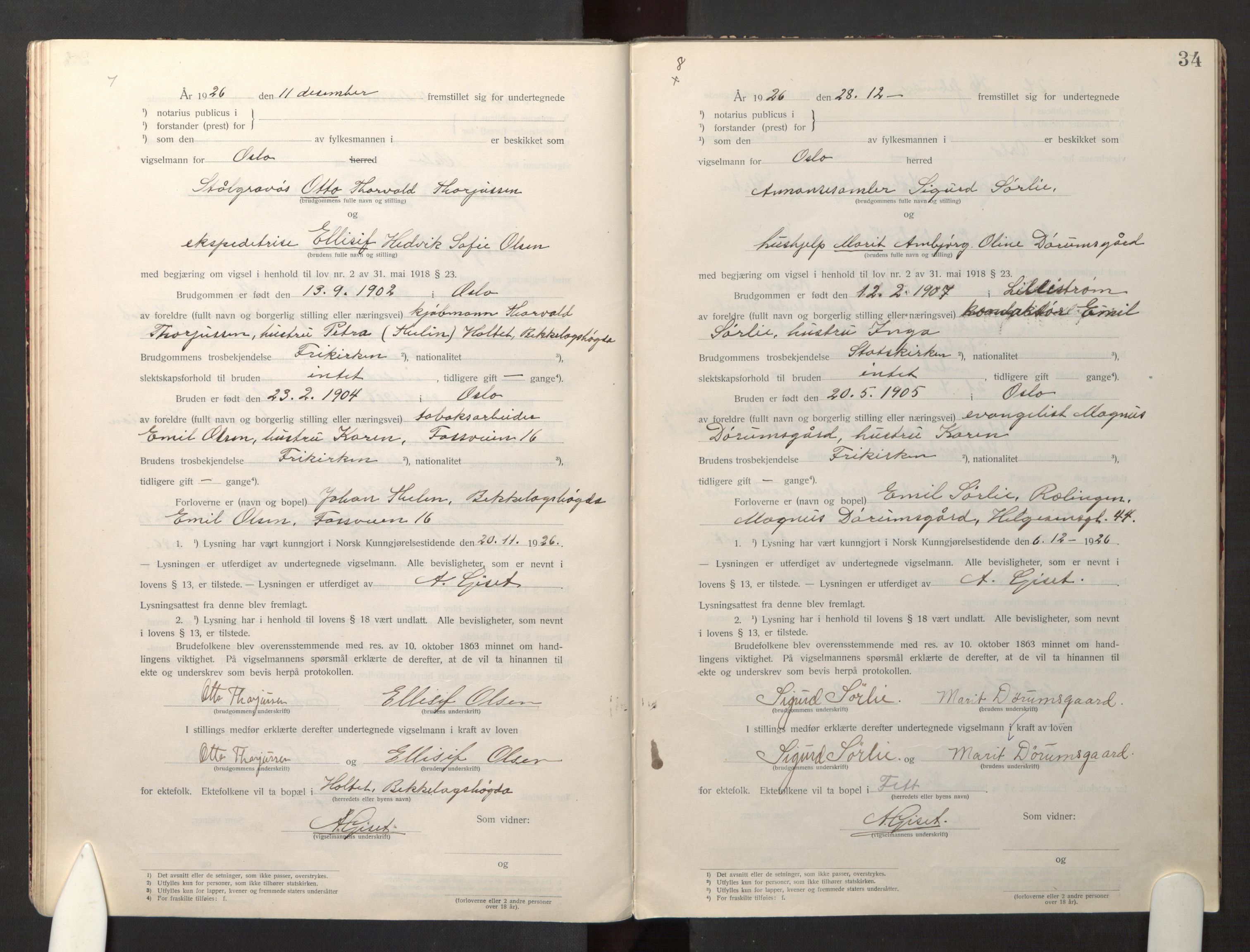 Den evangelisk-lutherske frikirke østre menighet, Oslo, AV/SAO-PAO-0245/F/L0005: Marriage register (dissenter) no. 5, 1920-1941, p. 34