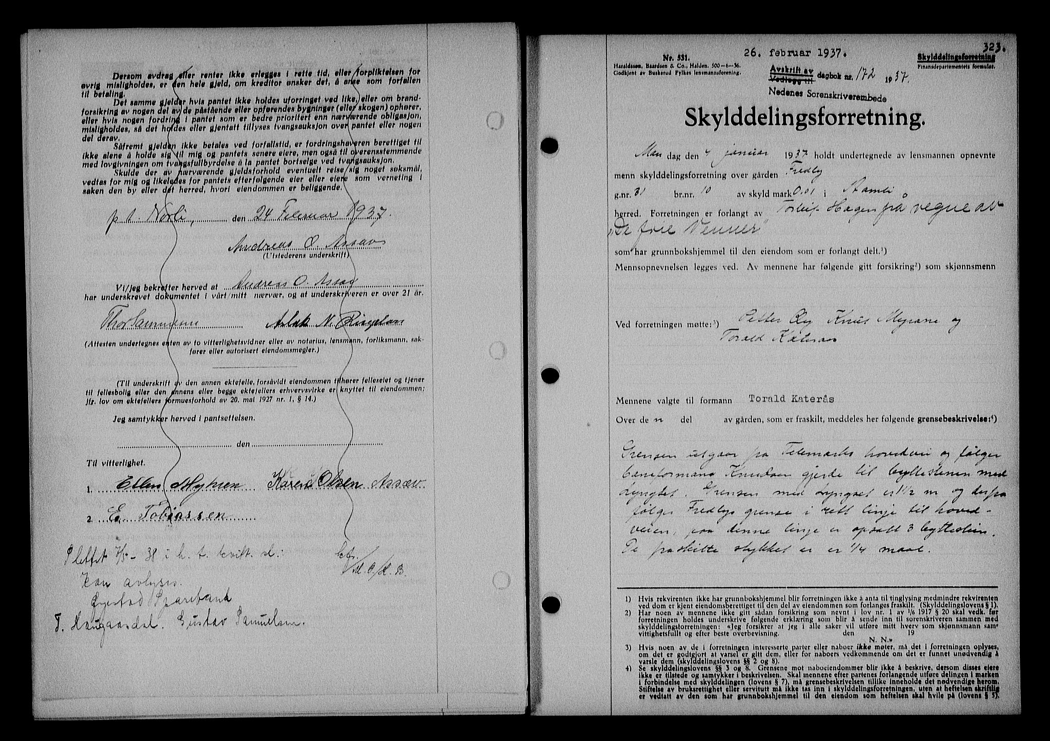 Nedenes sorenskriveri, SAK/1221-0006/G/Gb/Gba/L0043: Mortgage book no. 39, 1936-1937, Diary no: : 172/1937