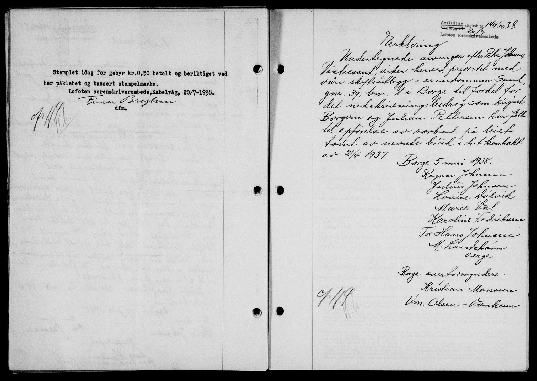 Lofoten sorenskriveri, SAT/A-0017/1/2/2C/L0004a: Mortgage book no. 4a, 1938-1938, Diary no: : 1495/1938