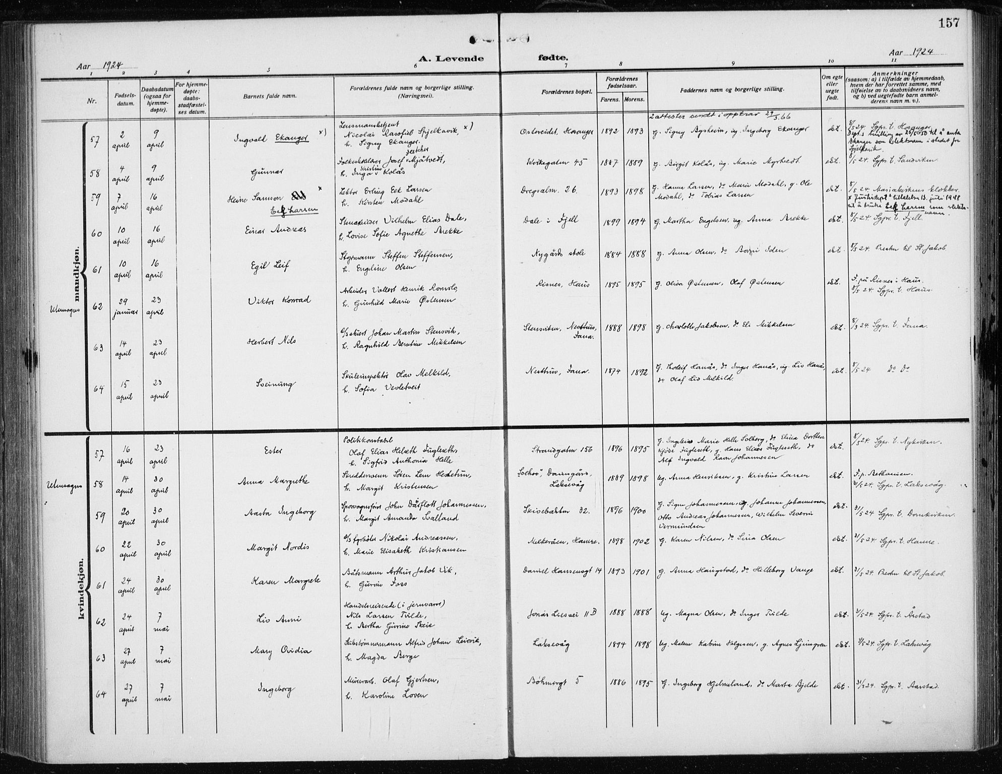 Fødselsstiftelsens sokneprestembete*, SAB/-: Parish register (official) no. A 5, 1918-1926, p. 157