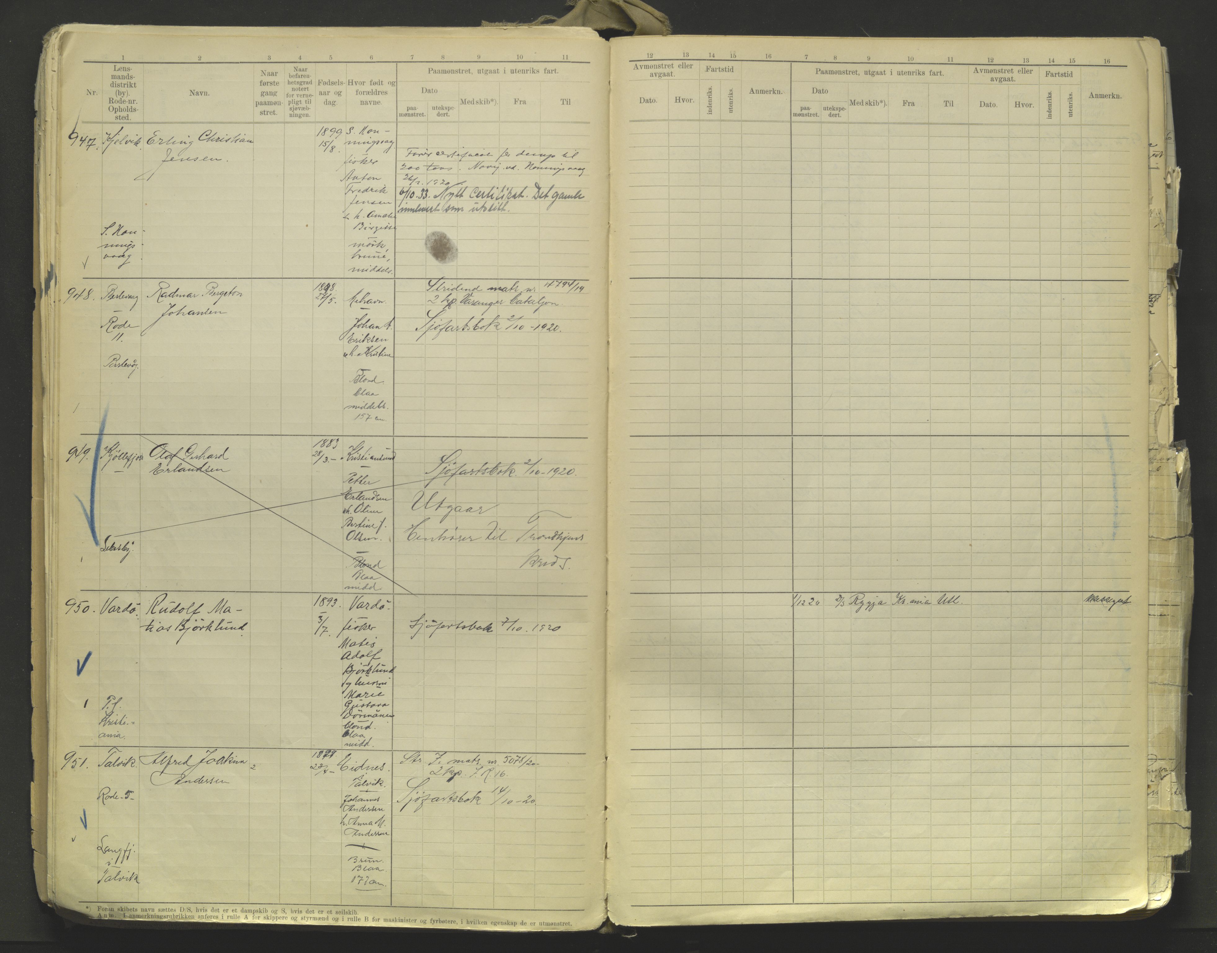 Tromsø sjømannskontor/innrullerings-/mønstringsdistrikt, AV/SATØ-S-0243/F/Fa/L0005: Annotasjonsrulle. Defekt: løse permer og ark Nr. 720-2154, 1917-1948