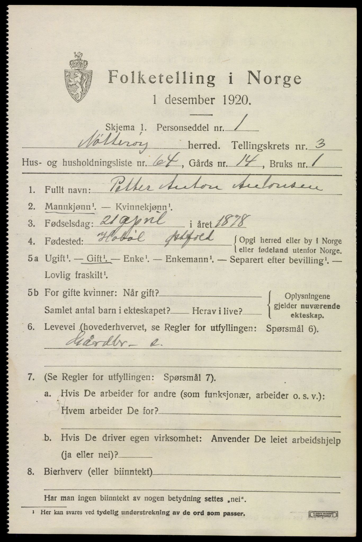 SAKO, 1920 census for Nøtterøy, 1920, p. 6219