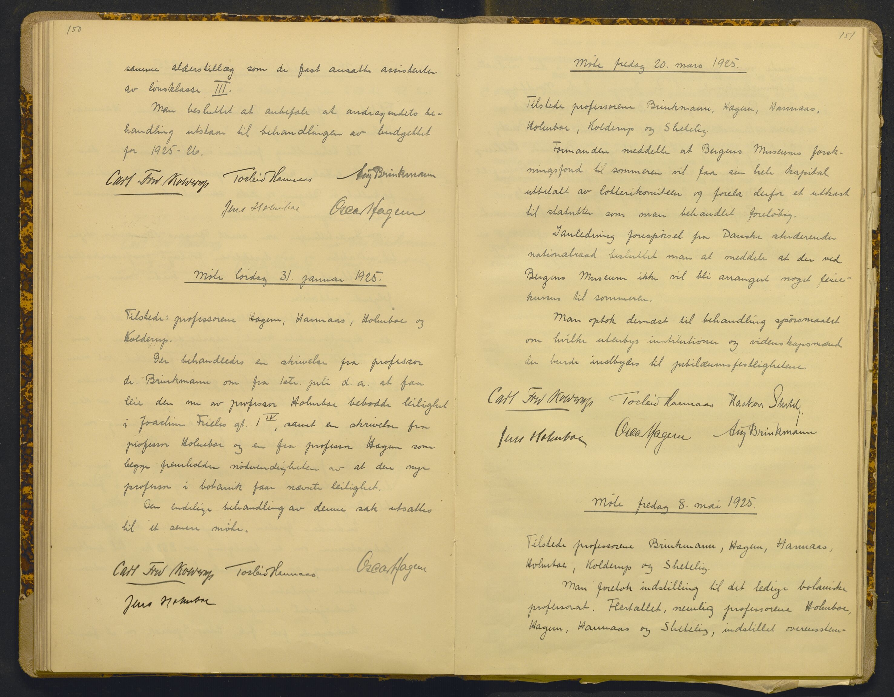 Bergens Museum, AV/SAB-A-17301/18/A/L0001: Bestyrerkollegiets forhandlingsprotokoll med register , 1907-1927, p. 150-151