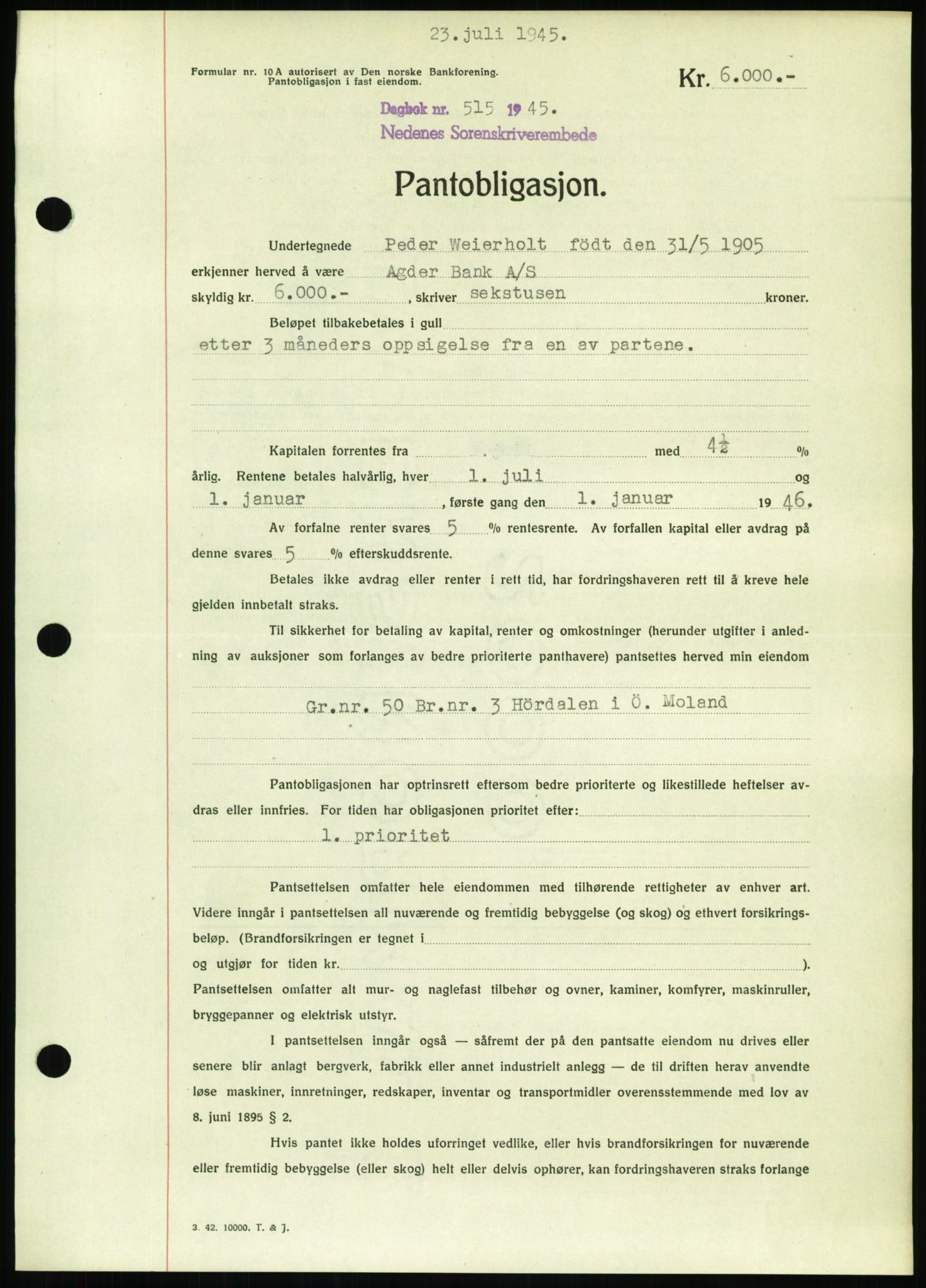 Nedenes sorenskriveri, AV/SAK-1221-0006/G/Gb/Gbb/L0002: Mortgage book no. II, 1942-1945, Diary no: : 515/1945