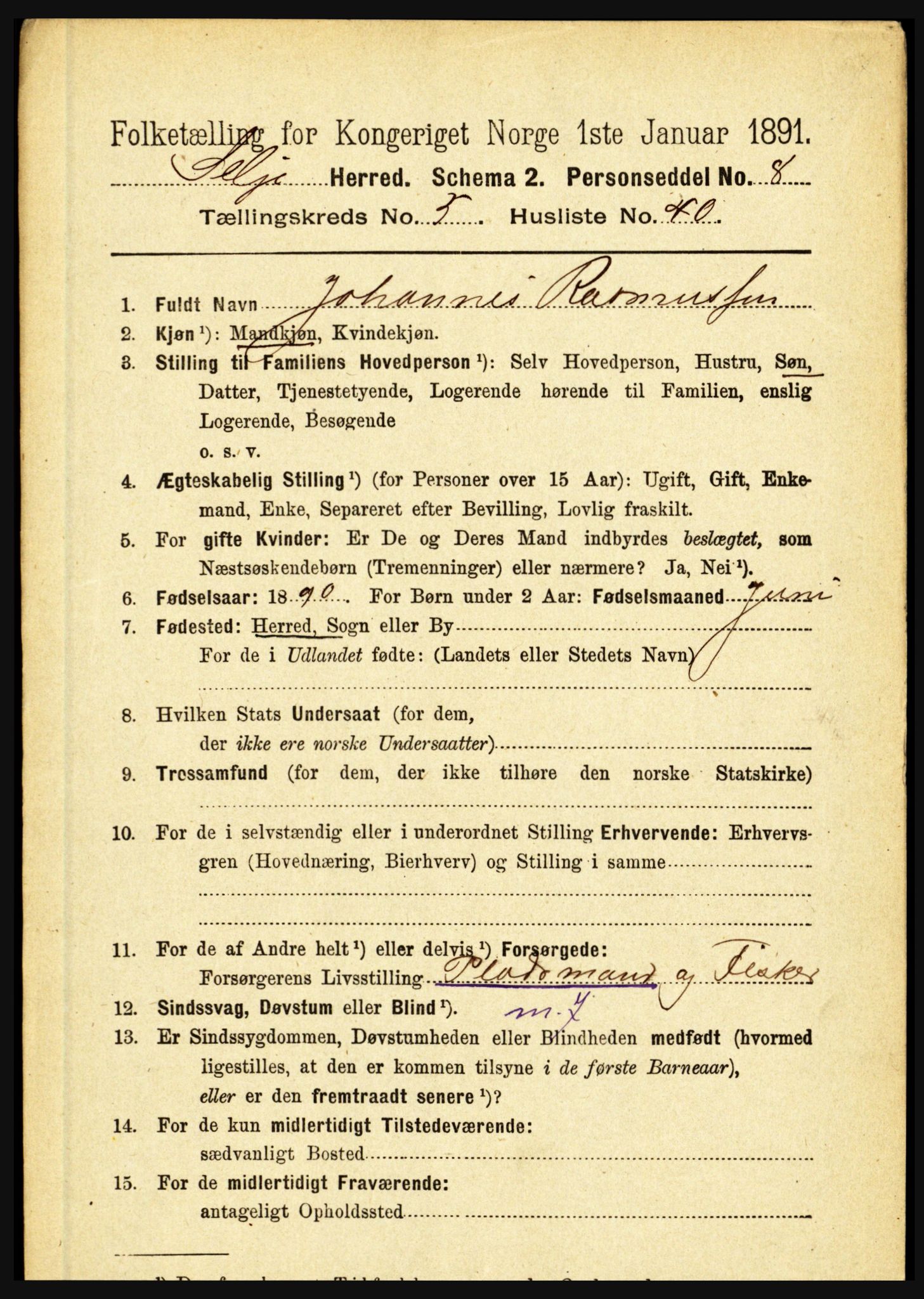 RA, 1891 census for 1441 Selje, 1891, p. 1614