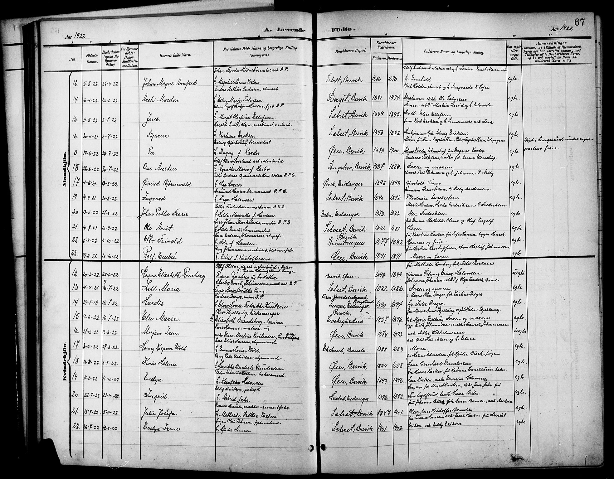Brevik kirkebøker, SAKO/A-255/G/Ga/L0005: Parish register (copy) no. 5, 1901-1924, p. 67