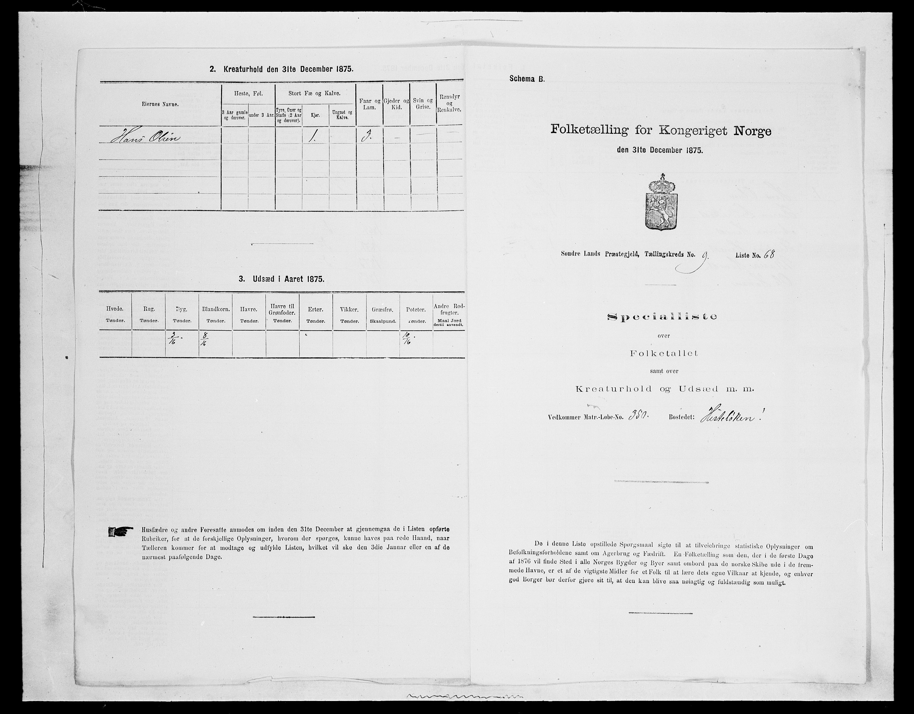 SAH, 1875 census for 0536P Søndre Land, 1875, p. 1452