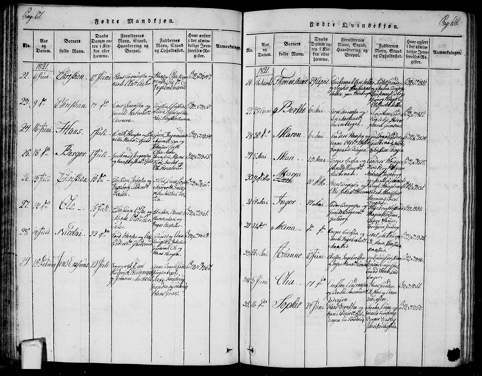 Trøgstad prestekontor Kirkebøker, AV/SAO-A-10925/G/Ga/L0001: Parish register (copy) no. I 1, 1815-1831, p. 67-68