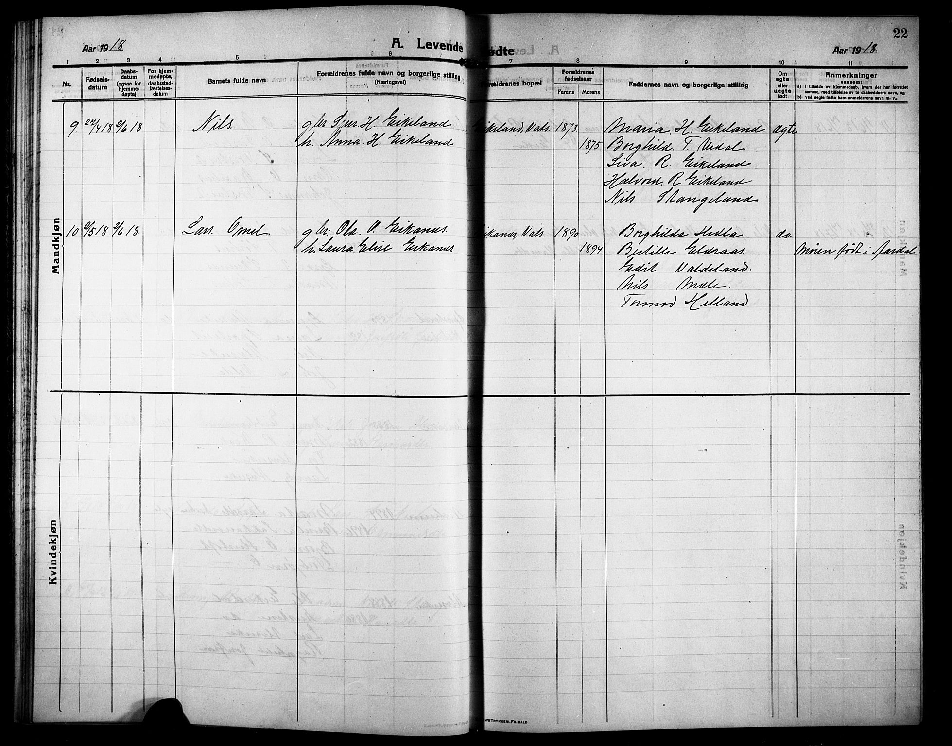 Skjold sokneprestkontor, SAST/A-101847/H/Ha/Hab/L0009: Parish register (copy) no. B 9, 1914-1925, p. 22