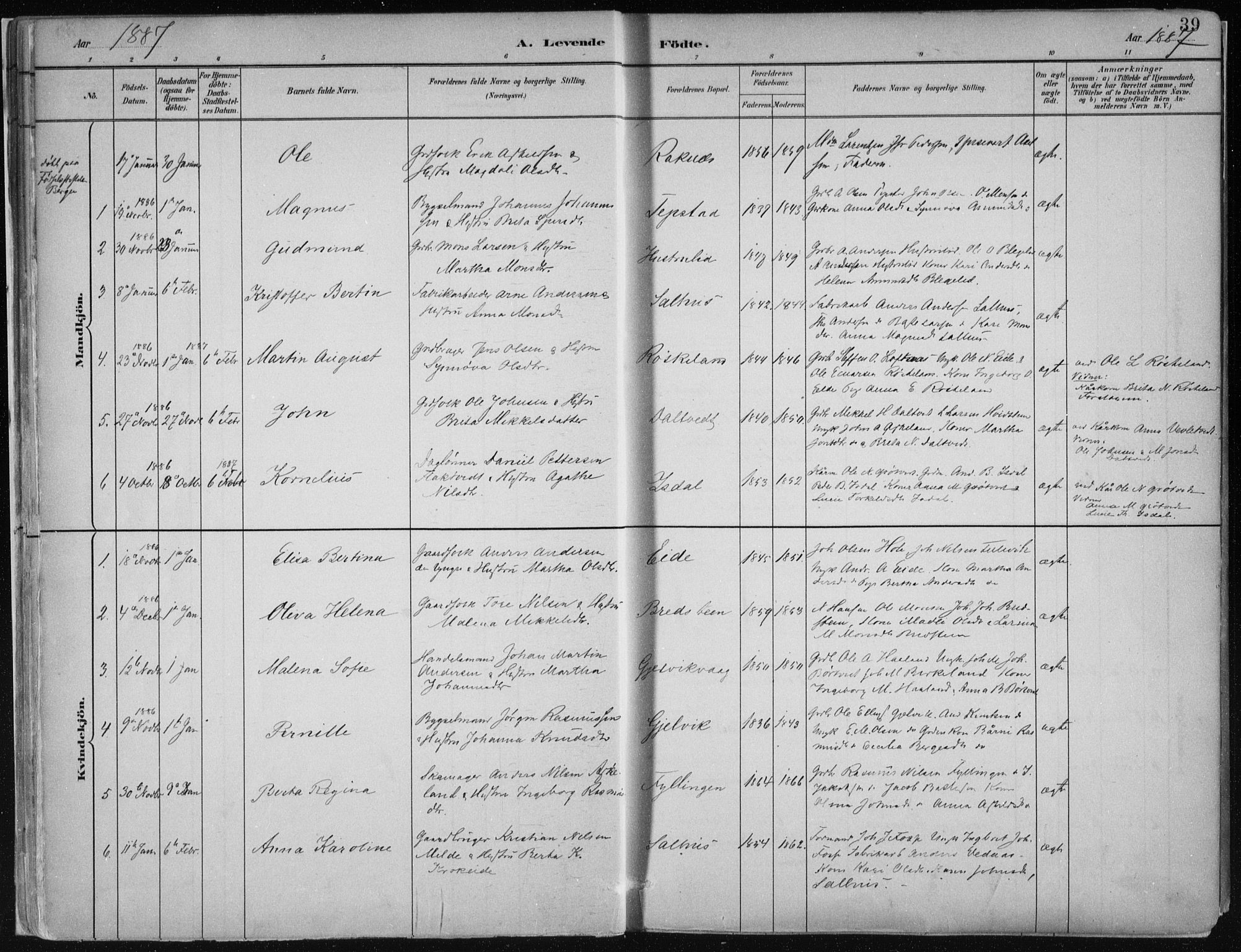 Hamre sokneprestembete, SAB/A-75501/H/Ha/Haa/Haab/L0001: Parish register (official) no. B  1, 1882-1905, p. 39