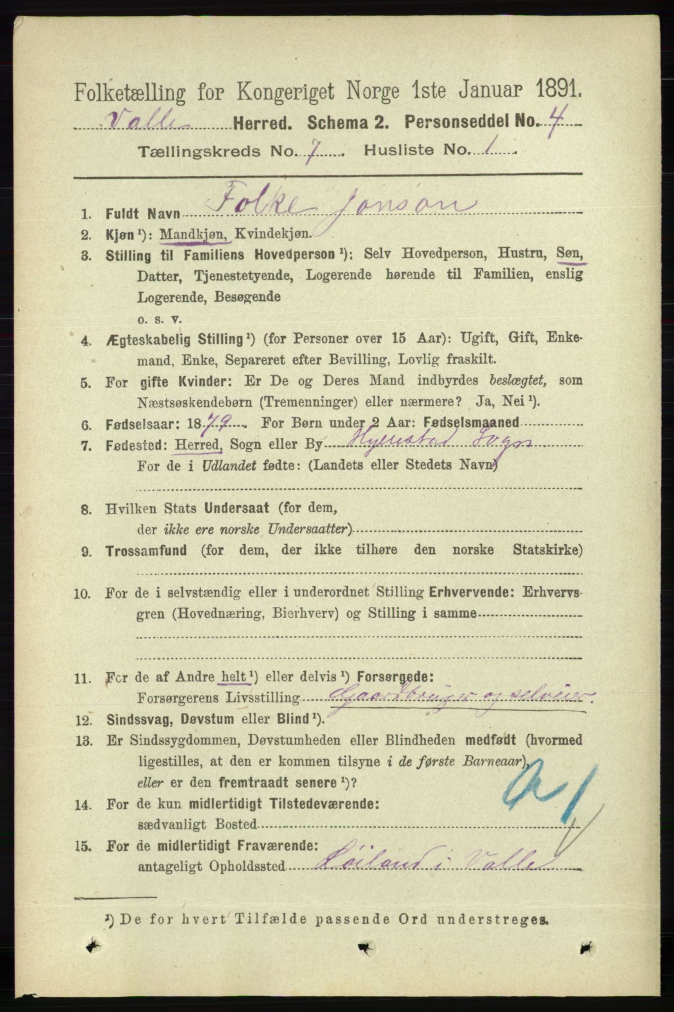 RA, 1891 census for 0940 Valle, 1891, p. 1970