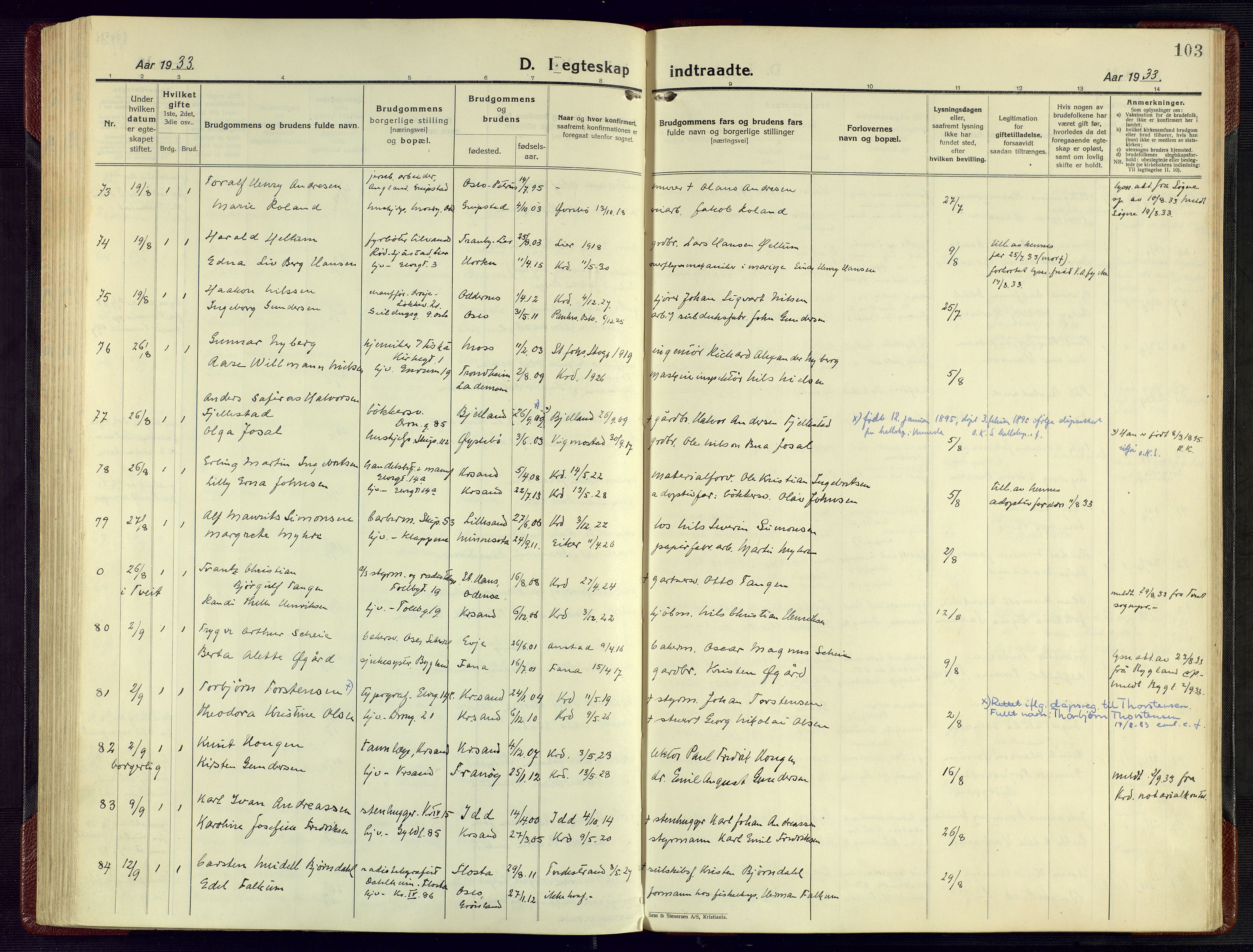 Kristiansand domprosti, SAK/1112-0006/F/Fa/L0029: Parish register (official) no. A 28, 1925-1936, p. 103