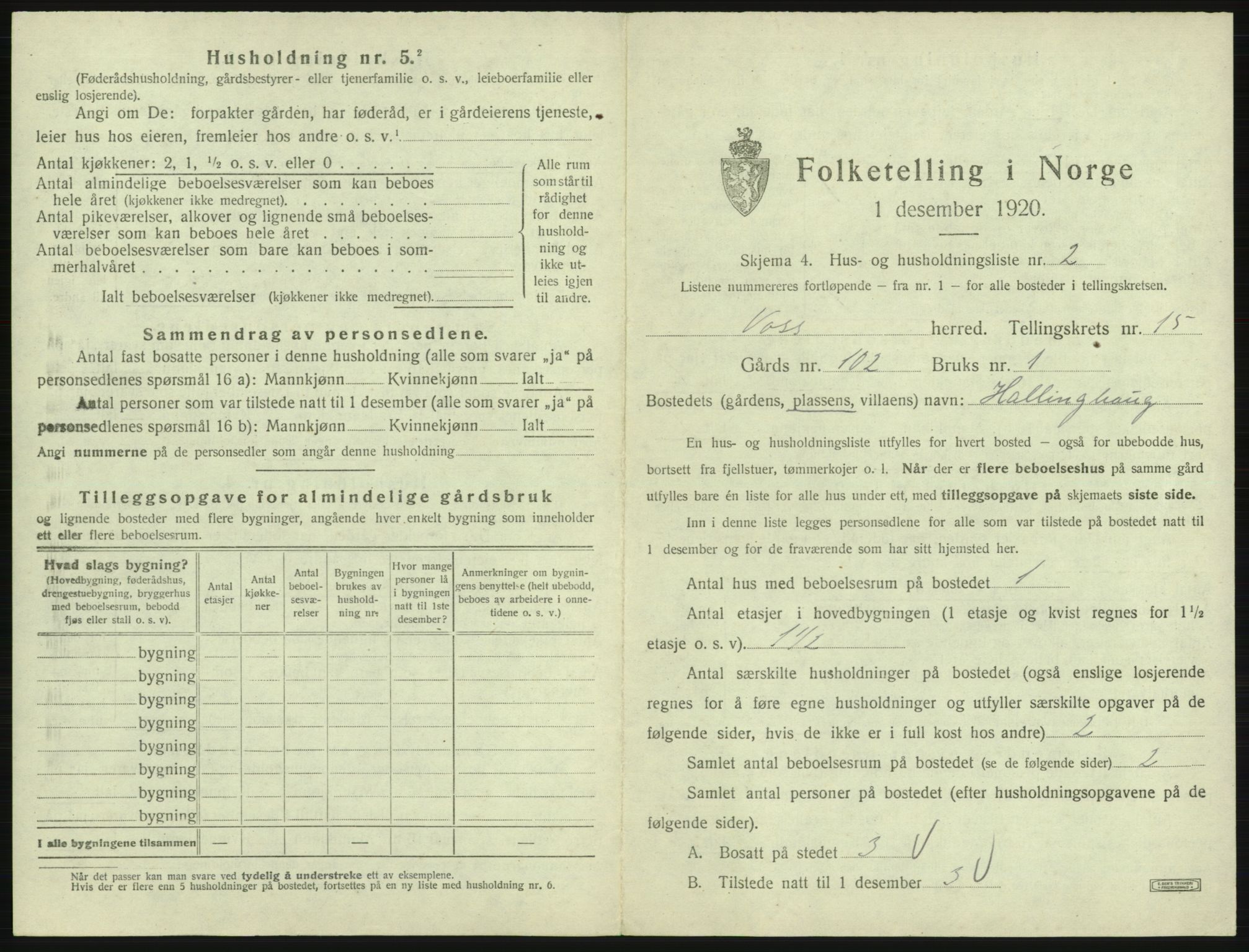 SAB, 1920 census for Voss, 1920, p. 1443