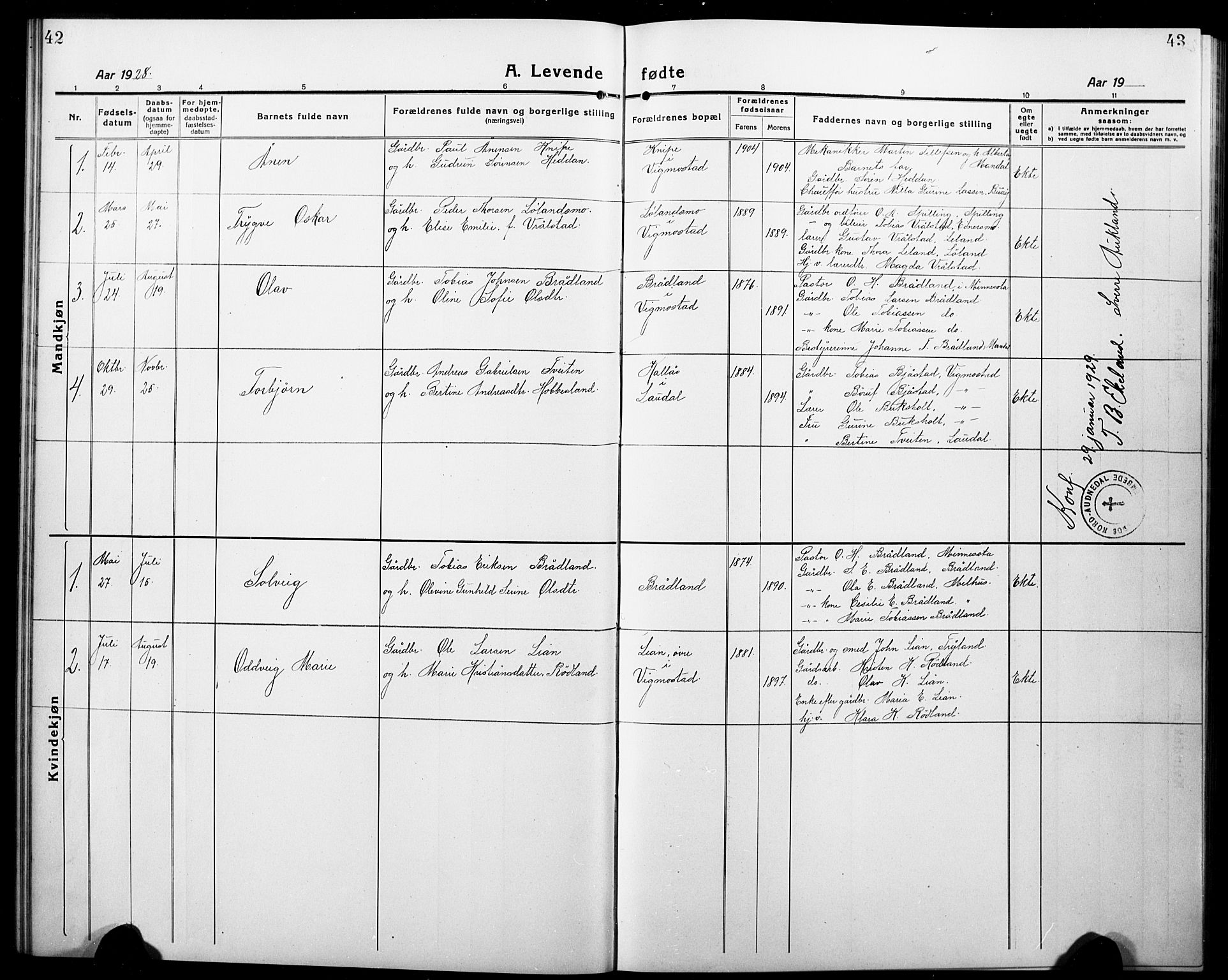 Nord-Audnedal sokneprestkontor, AV/SAK-1111-0032/F/Fb/Fbb/L0005: Parish register (copy) no. B 5, 1918-1929, p. 42-43