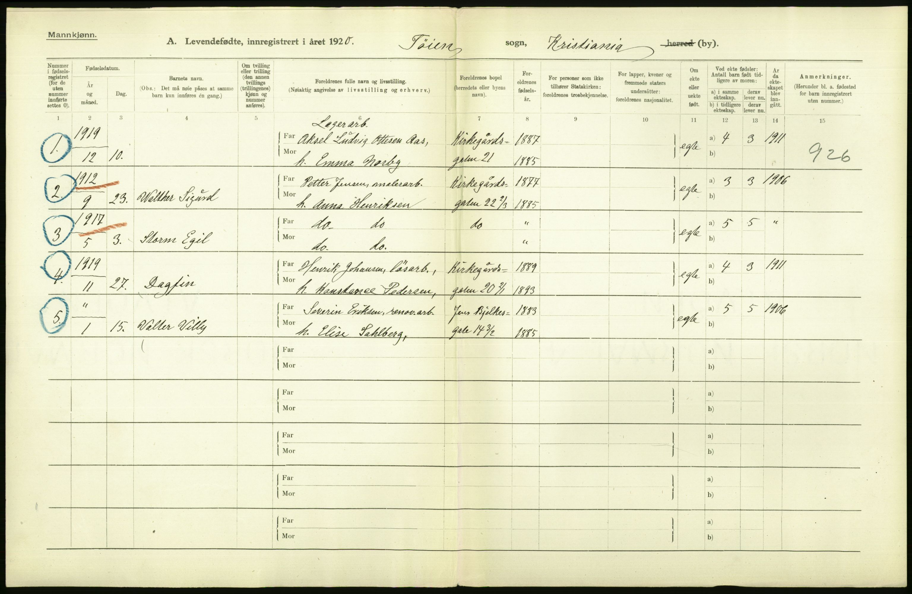 Statistisk sentralbyrå, Sosiodemografiske emner, Befolkning, AV/RA-S-2228/D/Df/Dfb/Dfbj/L0009: Kristiania: Levendefødte menn og kvinner., 1920, p. 2