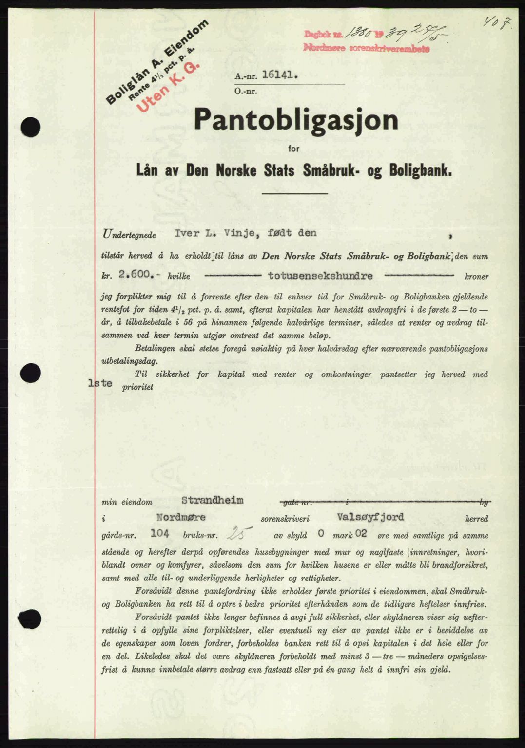 Nordmøre sorenskriveri, AV/SAT-A-4132/1/2/2Ca: Mortgage book no. B85, 1939-1939, Diary no: : 1380/1939