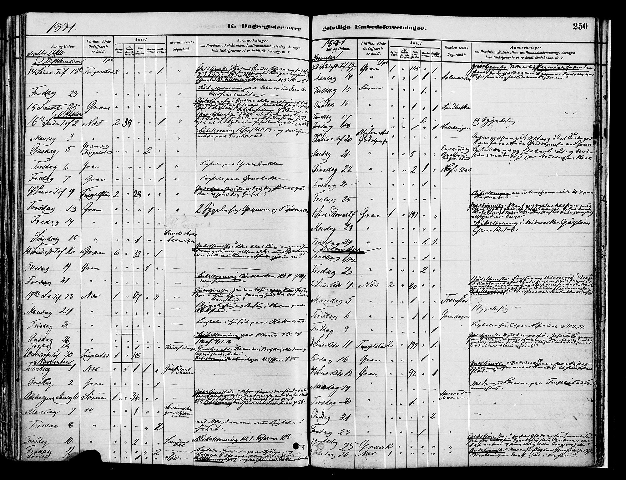 Gran prestekontor, SAH/PREST-112/H/Ha/Haa/L0014: Parish register (official) no. 14, 1880-1889, p. 250