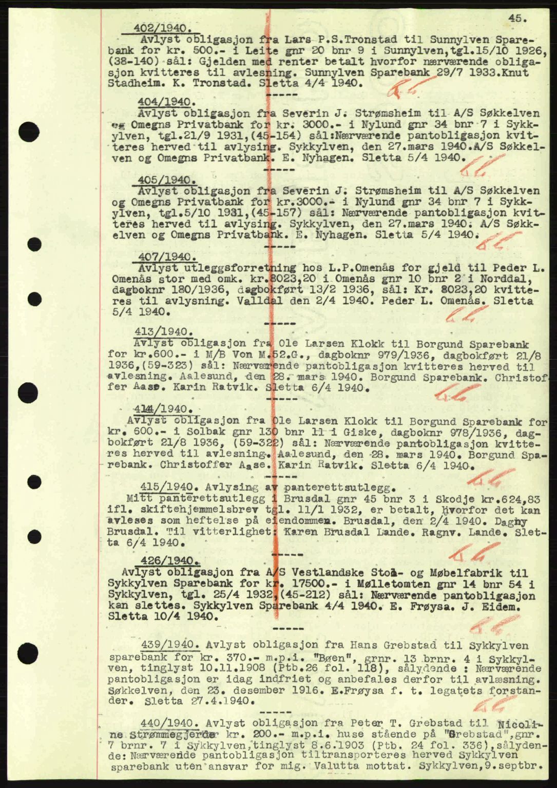 Nordre Sunnmøre sorenskriveri, SAT/A-0006/1/2/2C/2Ca: Mortgage book no. B1-6, 1938-1942, Diary no: : 402/1940