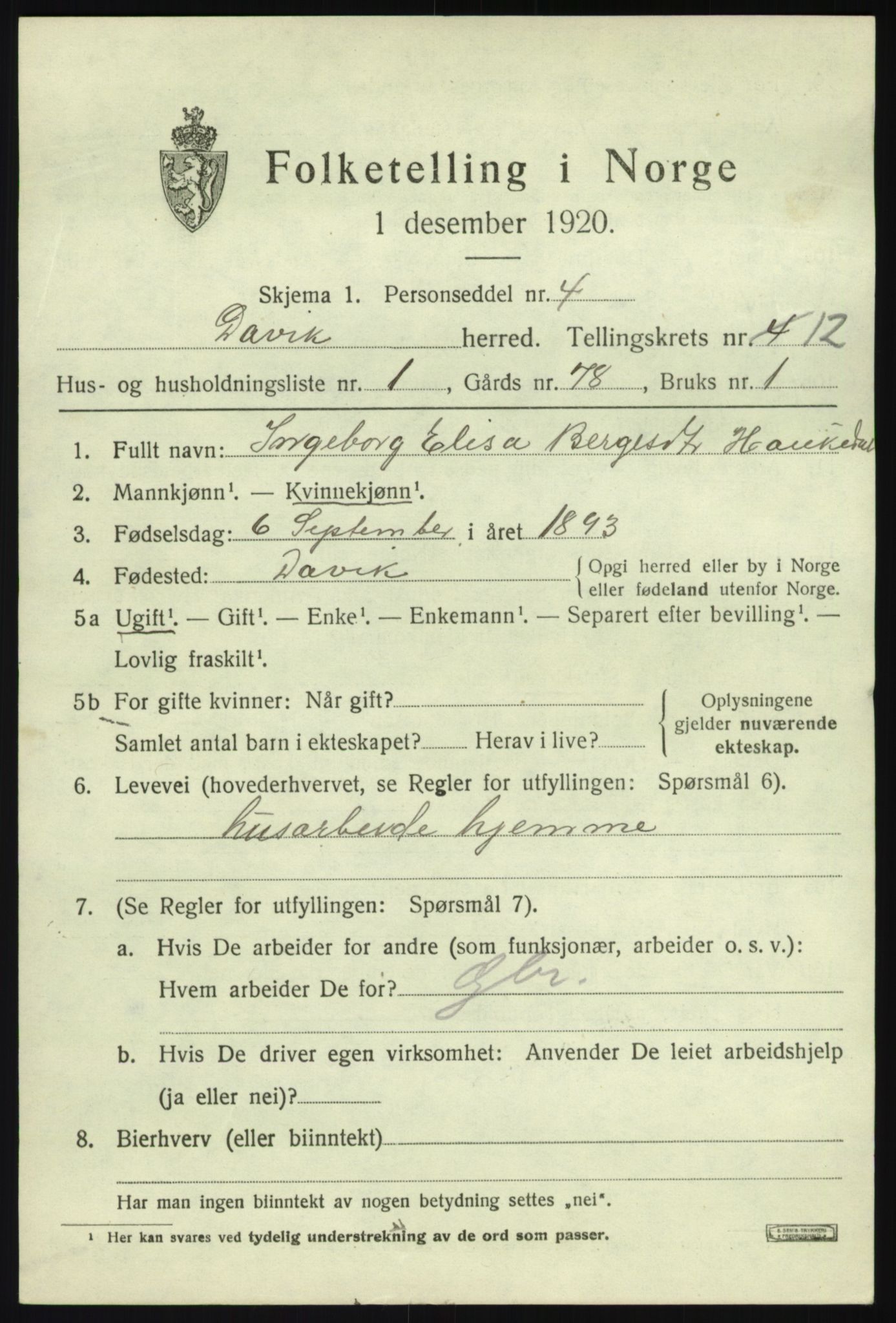 SAB, 1920 census for Davik, 1920, p. 5799